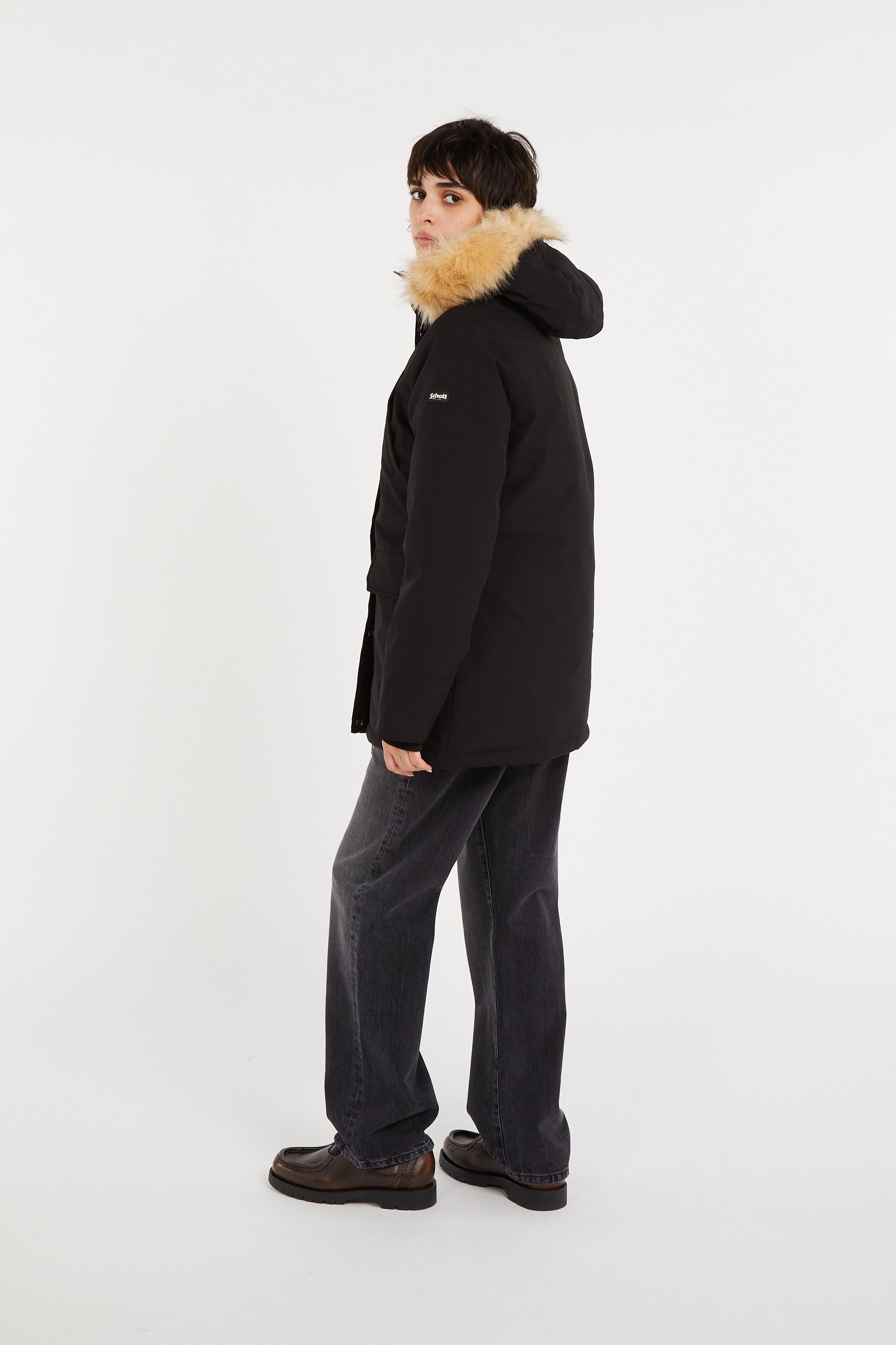 Zipped high-neck colorblock padded jacket with hood | Black SCHOTT Women