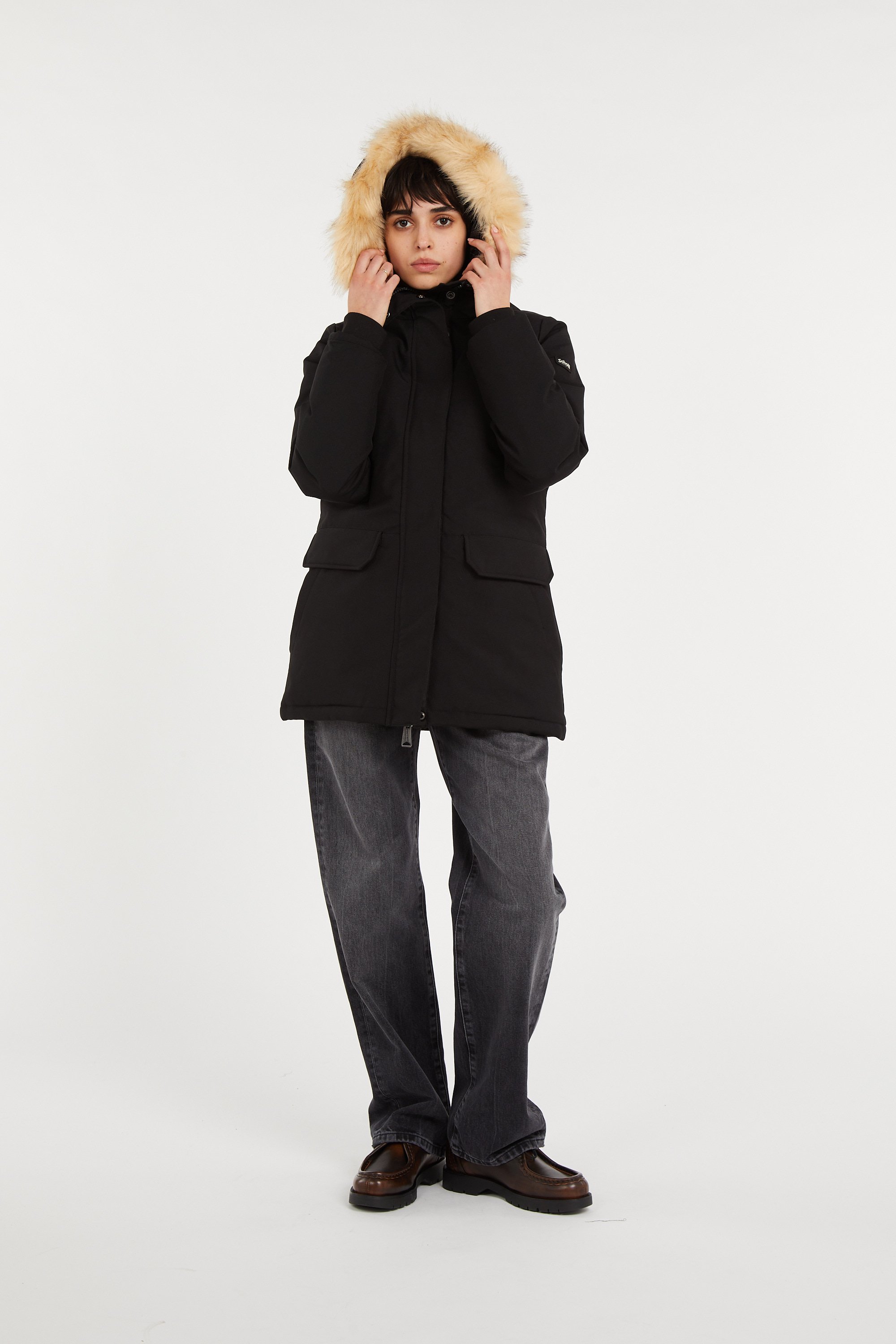 Zipped high-neck colorblock padded jacket with hood | Black SCHOTT Women