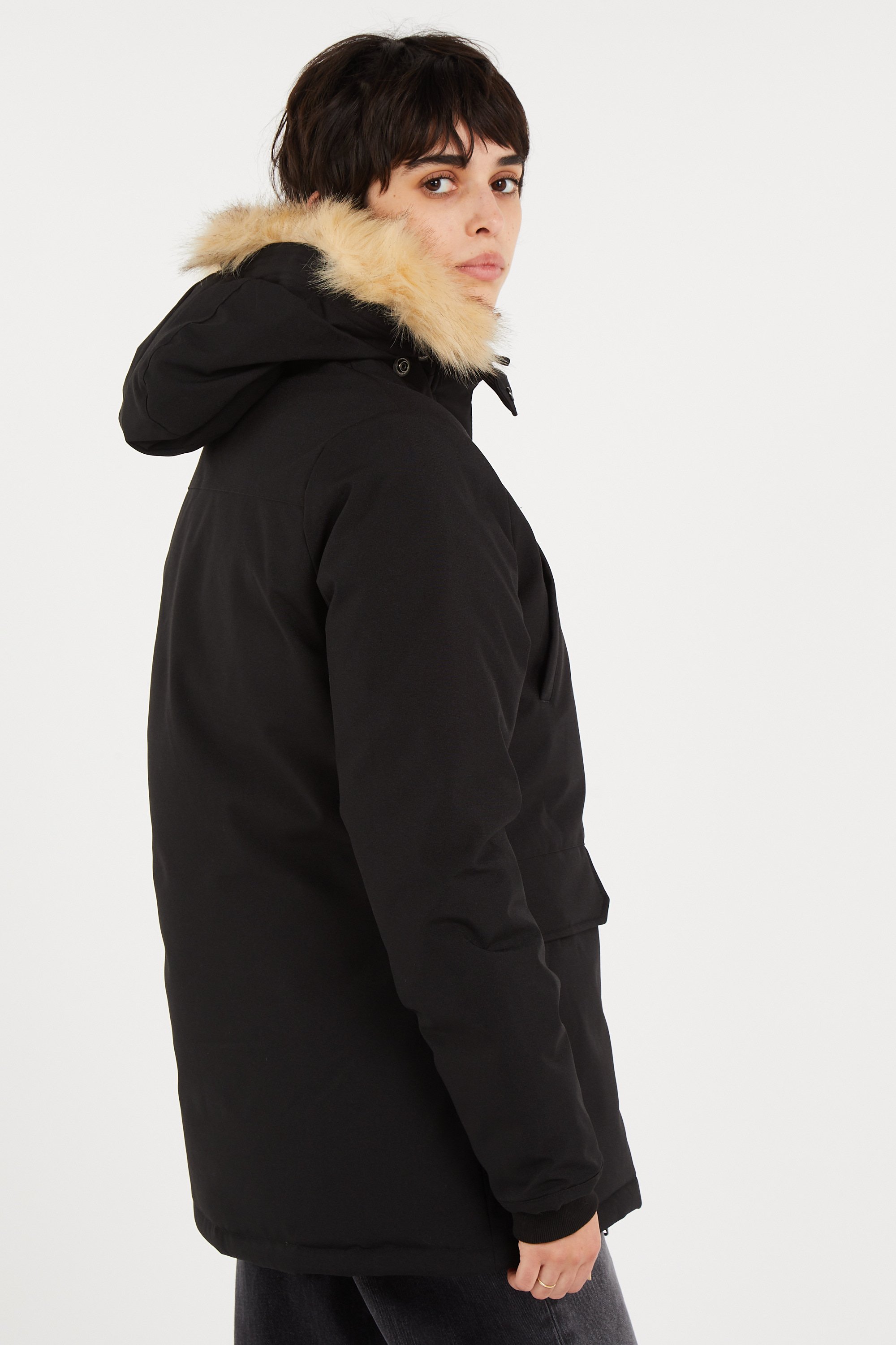 Zipped high-neck colorblock padded jacket with hood | Black SCHOTT Women