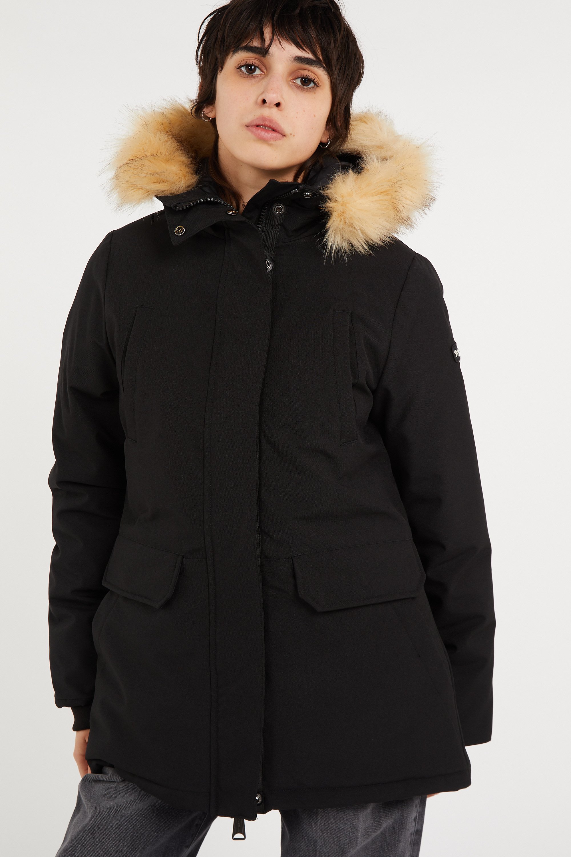 Zipped high-neck colorblock padded jacket with hood | Black SCHOTT Women