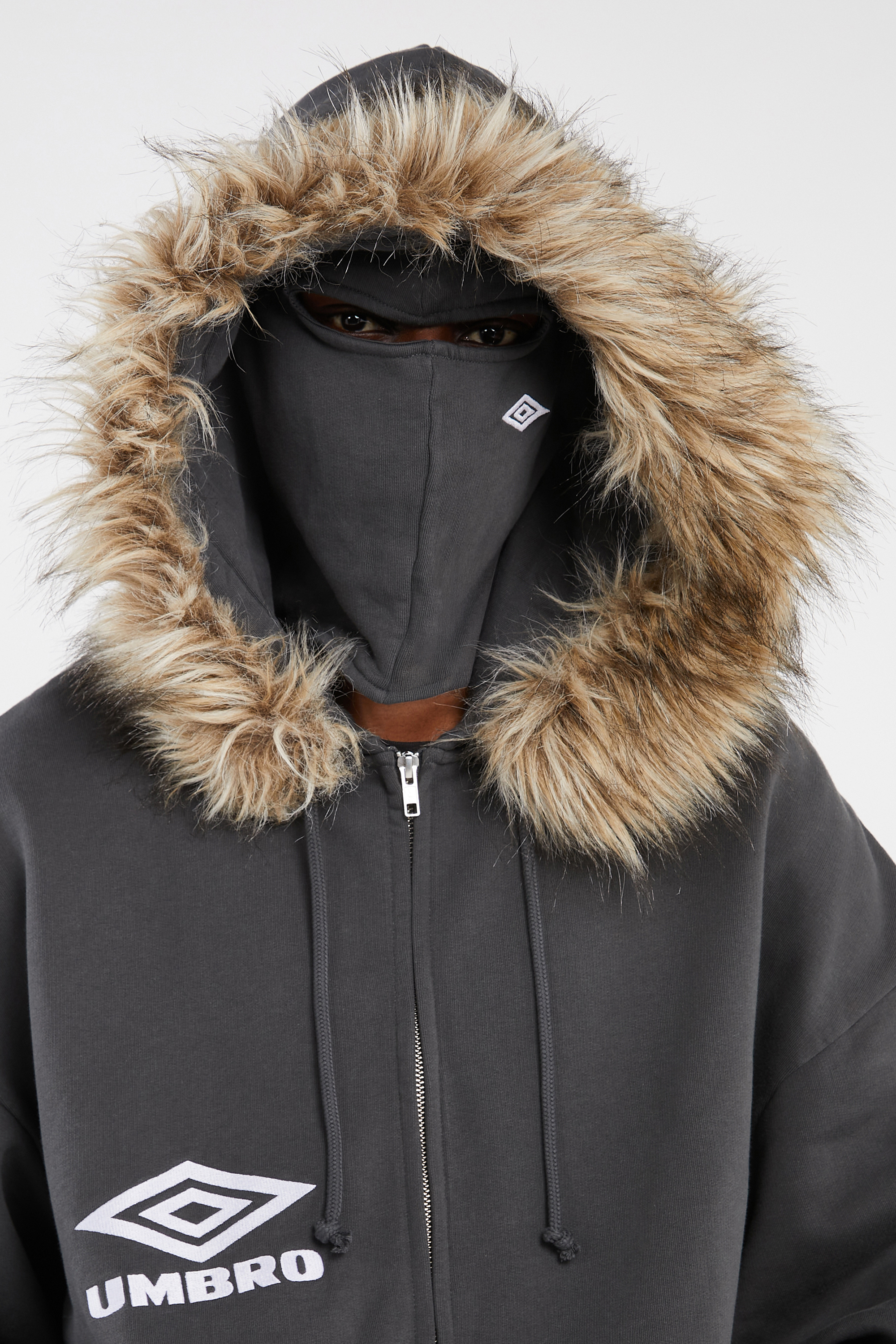 Regular-fit zip-up cotton-blend hoodie with Pony Player Grey