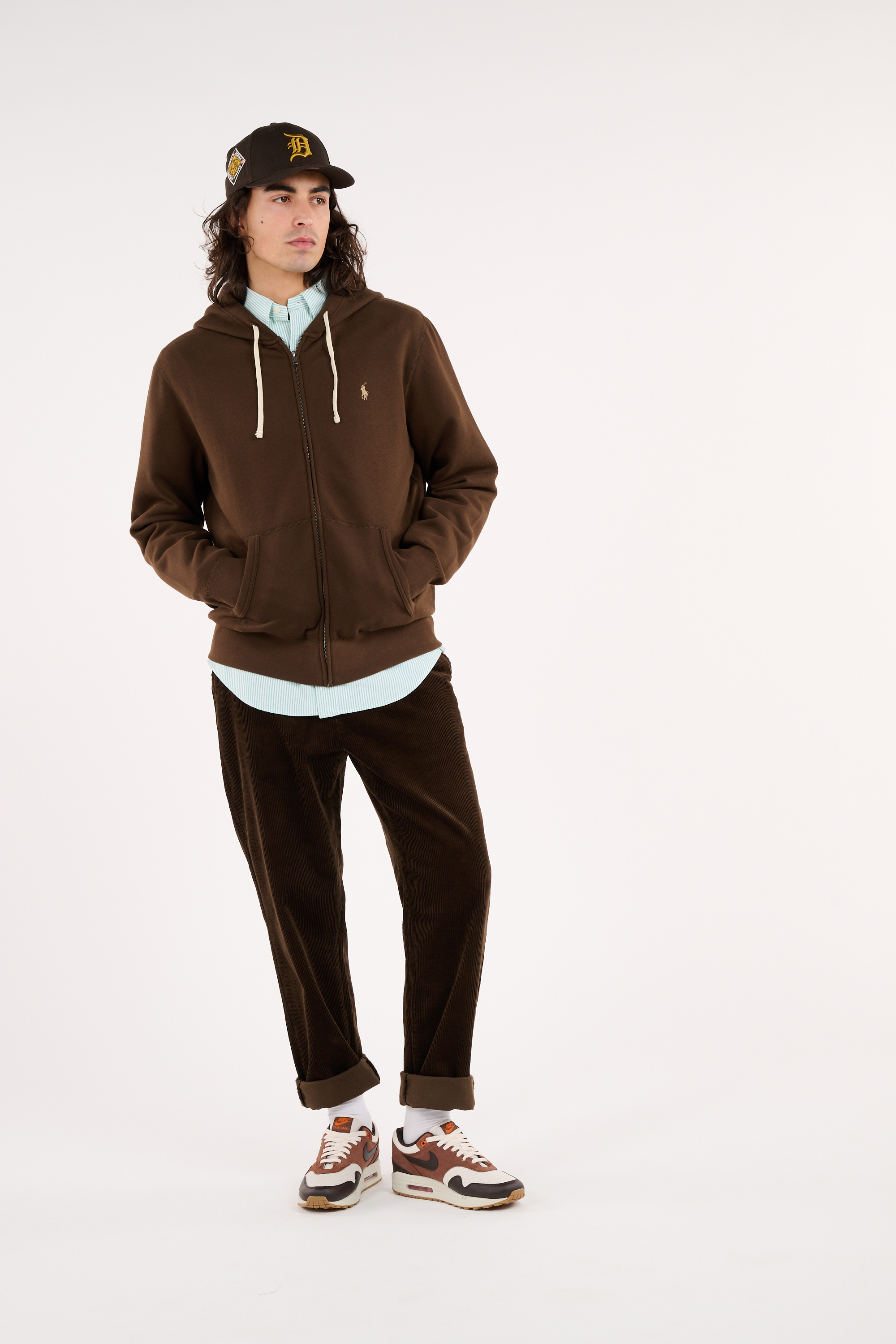 Regular-fit zip-up cotton-blend hoodie with Pony Player Brown