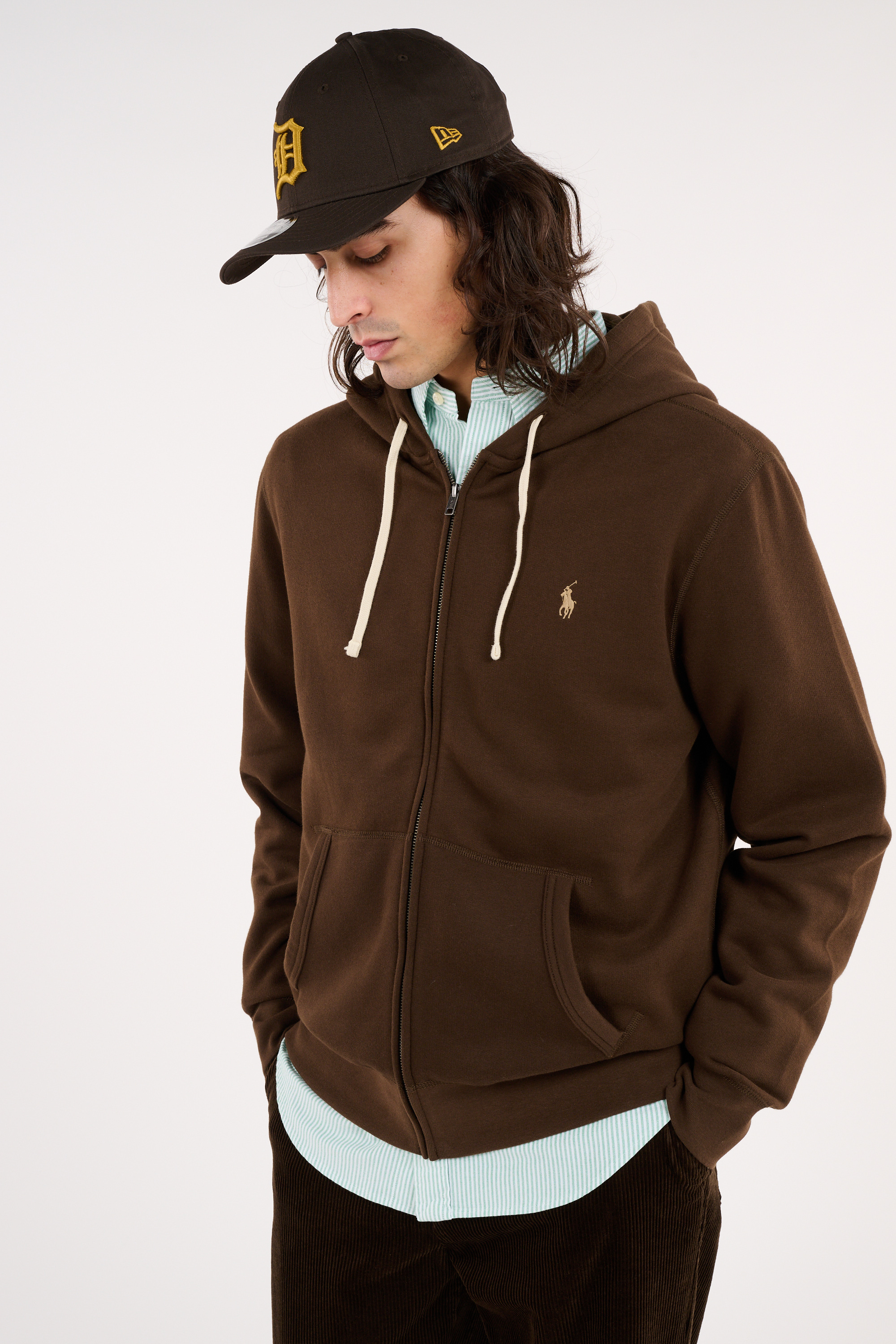 Regular-fit zip-up cotton-blend hoodie with Pony Player Brown