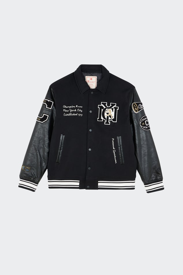 Black champion varsity jacket shop