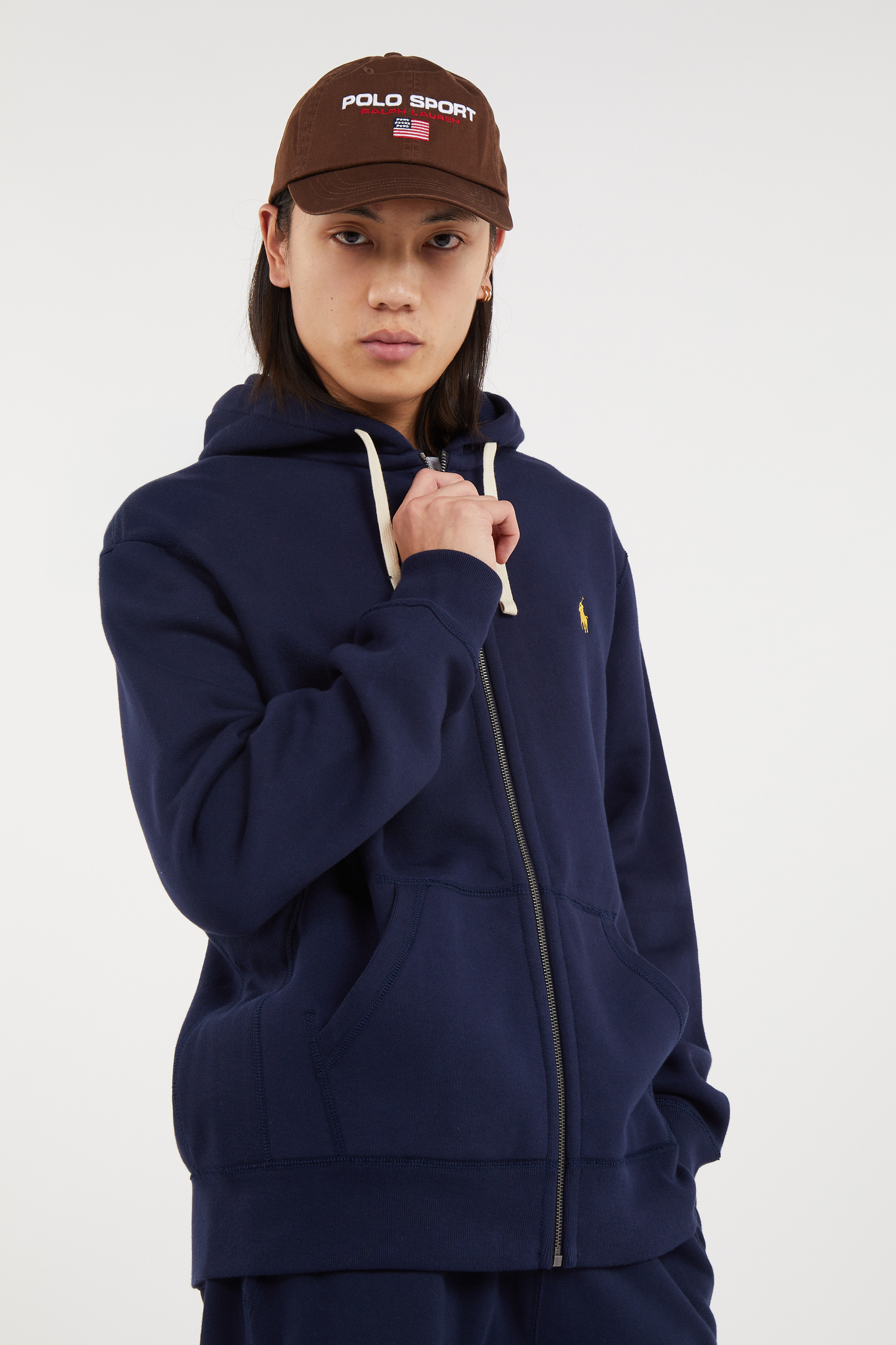 Regular-fit zip-up cotton-blend hoodie with Pony Player Blue