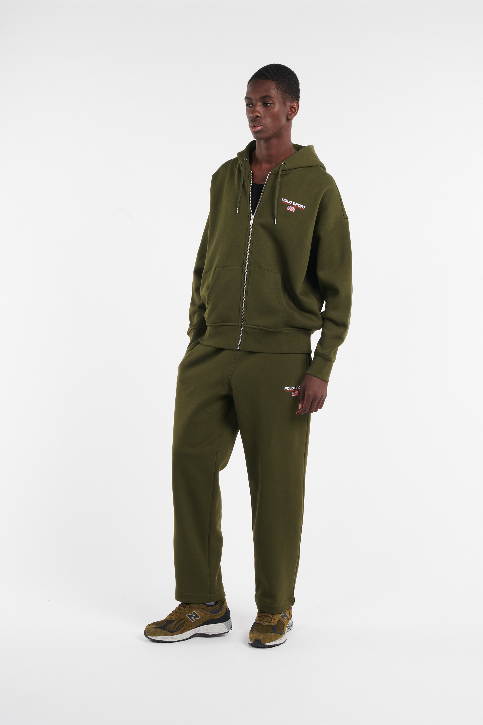 Regular-fit zip-up cotton-blend hoodie with Pony Player Khaki