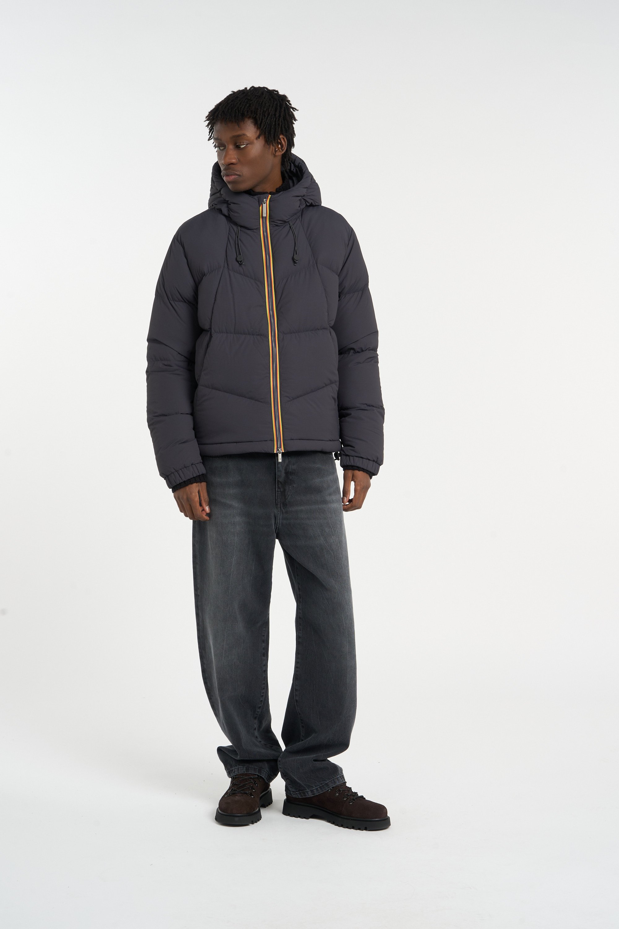 Zipped high-neck colorblock padded jacket with hood | Black K-WAY Men