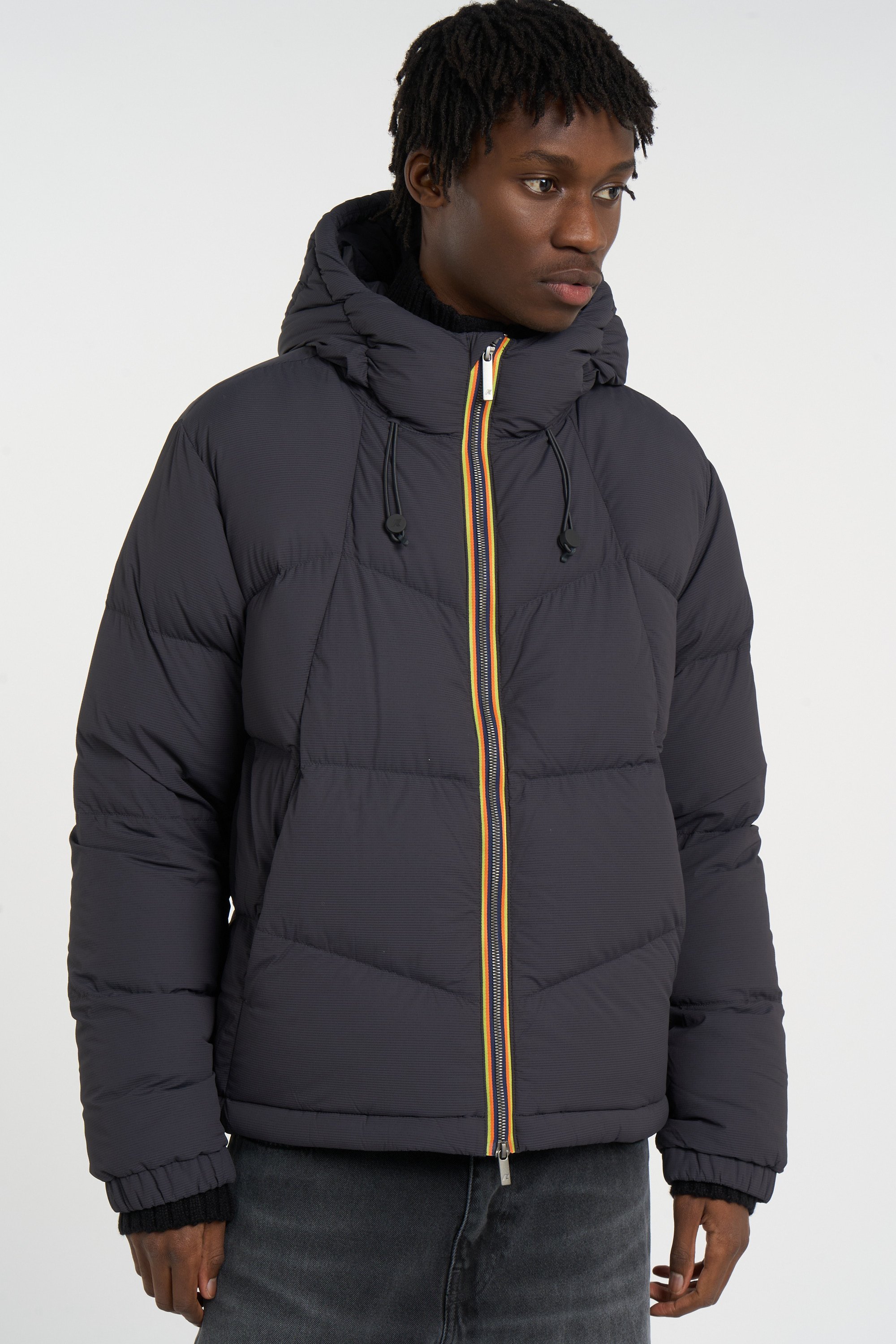 Zipped high-neck colorblock padded jacket with hood | Black K-WAY Men