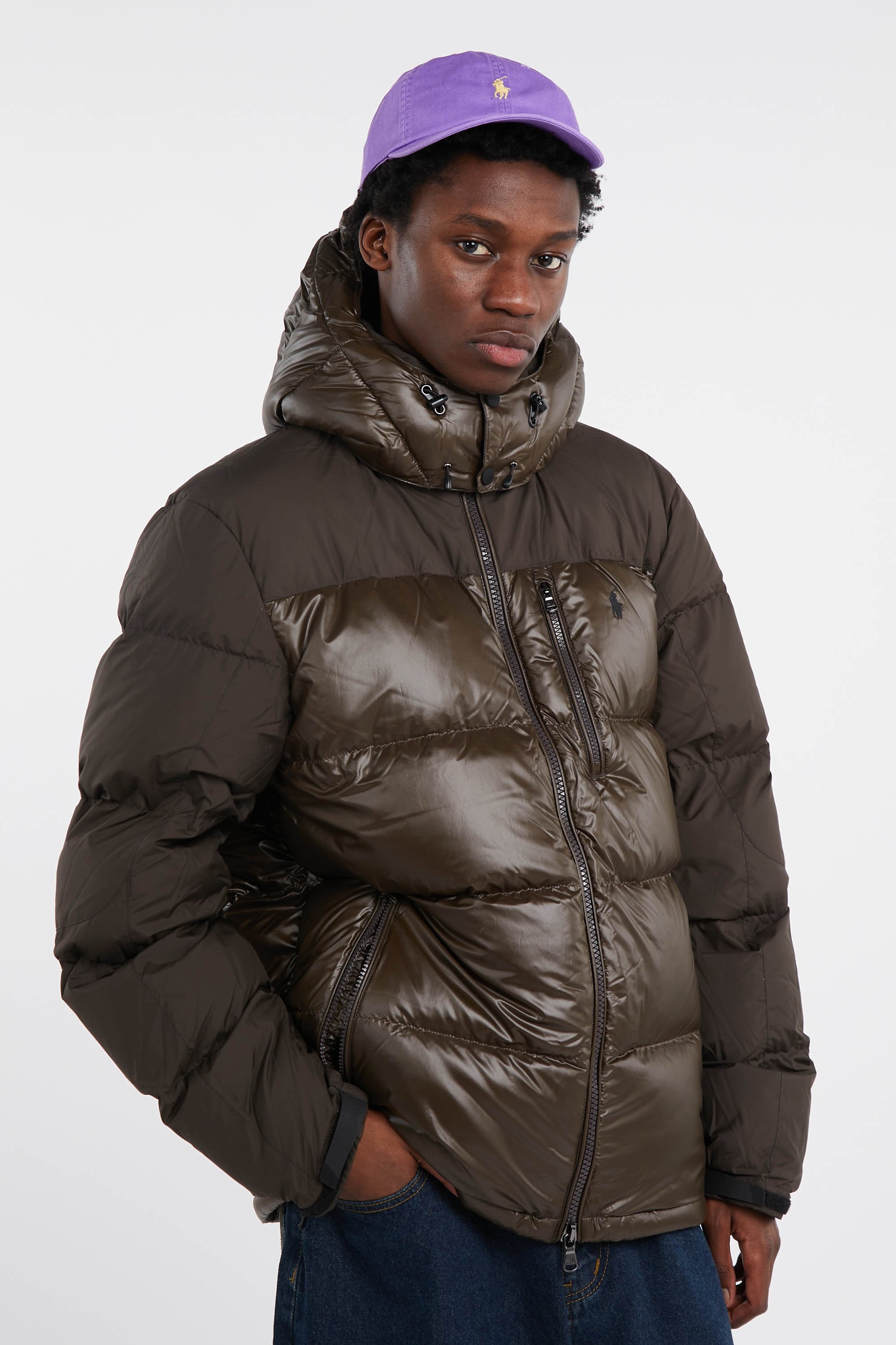 Lightweight quilted padded jacket with high neck Brown