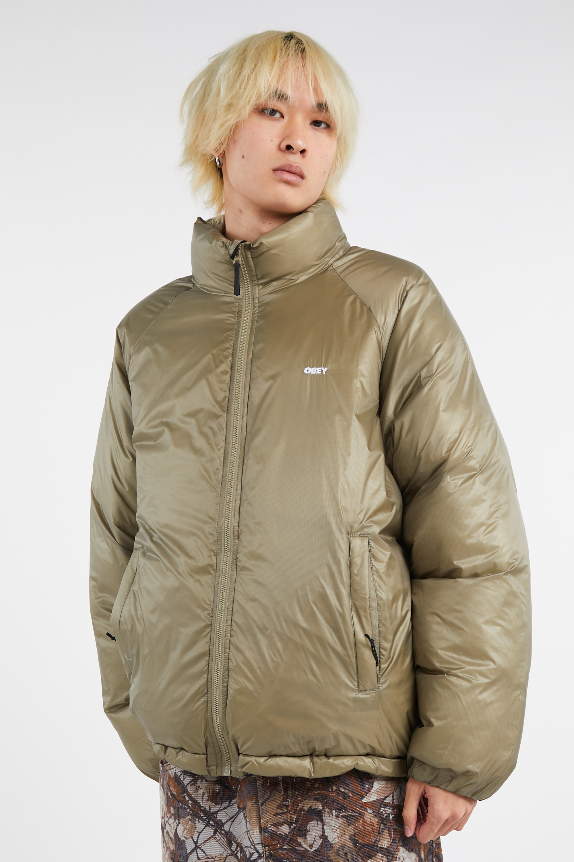 Lightweight quilted padded jacket with high neck Khaki
