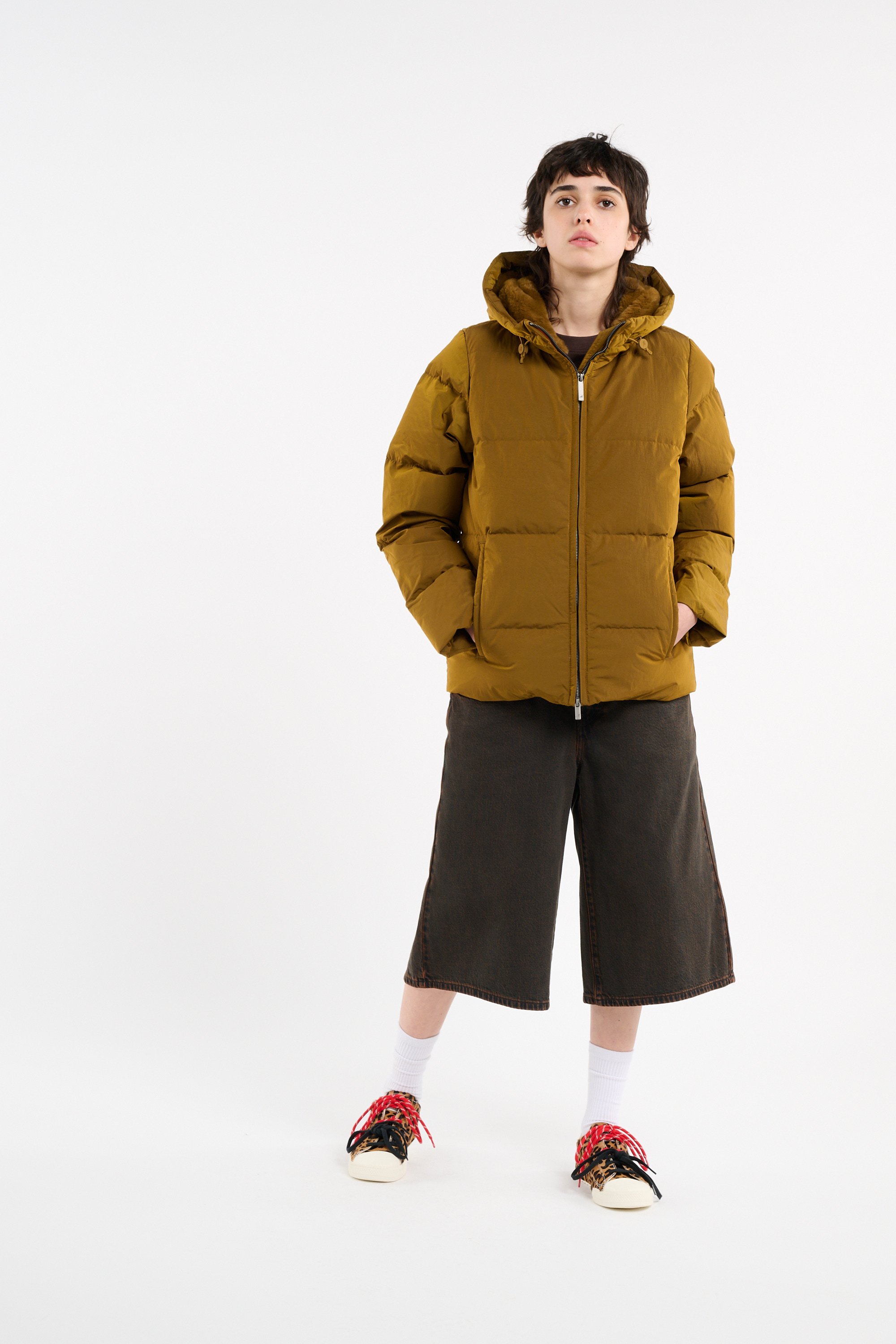 Zipped high-neck colorblock padded jacket with hood K-WAY Brown