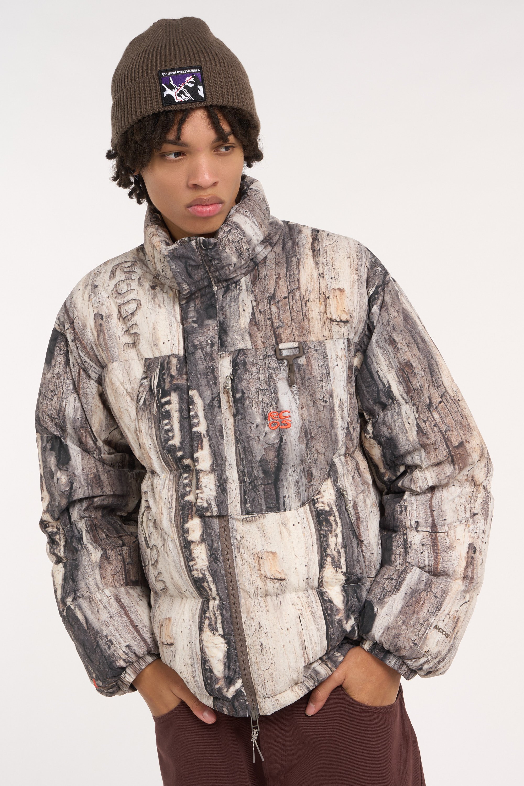 Zipped high-neck colorblock padded jacket with hood | Khaki RC OUTDOOR SUPPLY Men