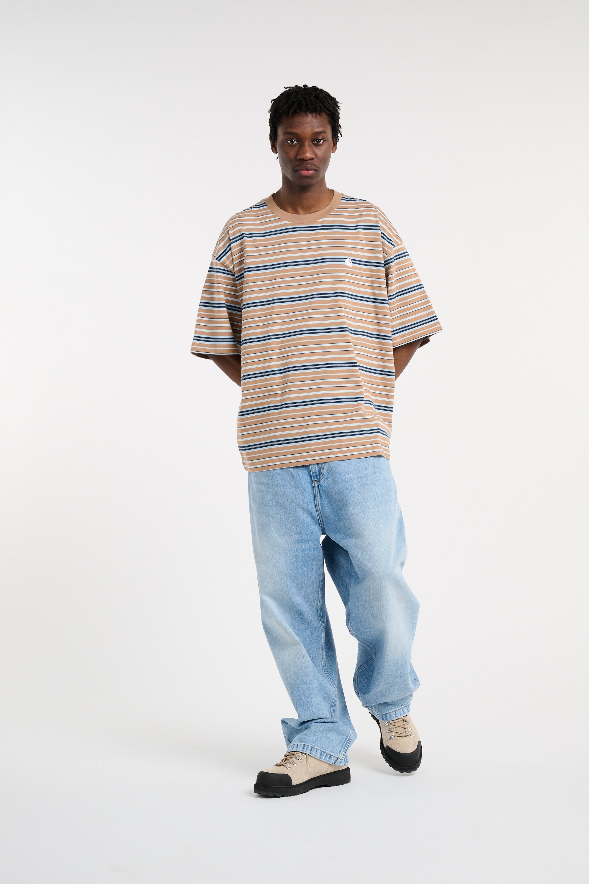 Regular-fit round-neck cotton T-shirt S/S Zane T-Shirt Zane stripe, peanut