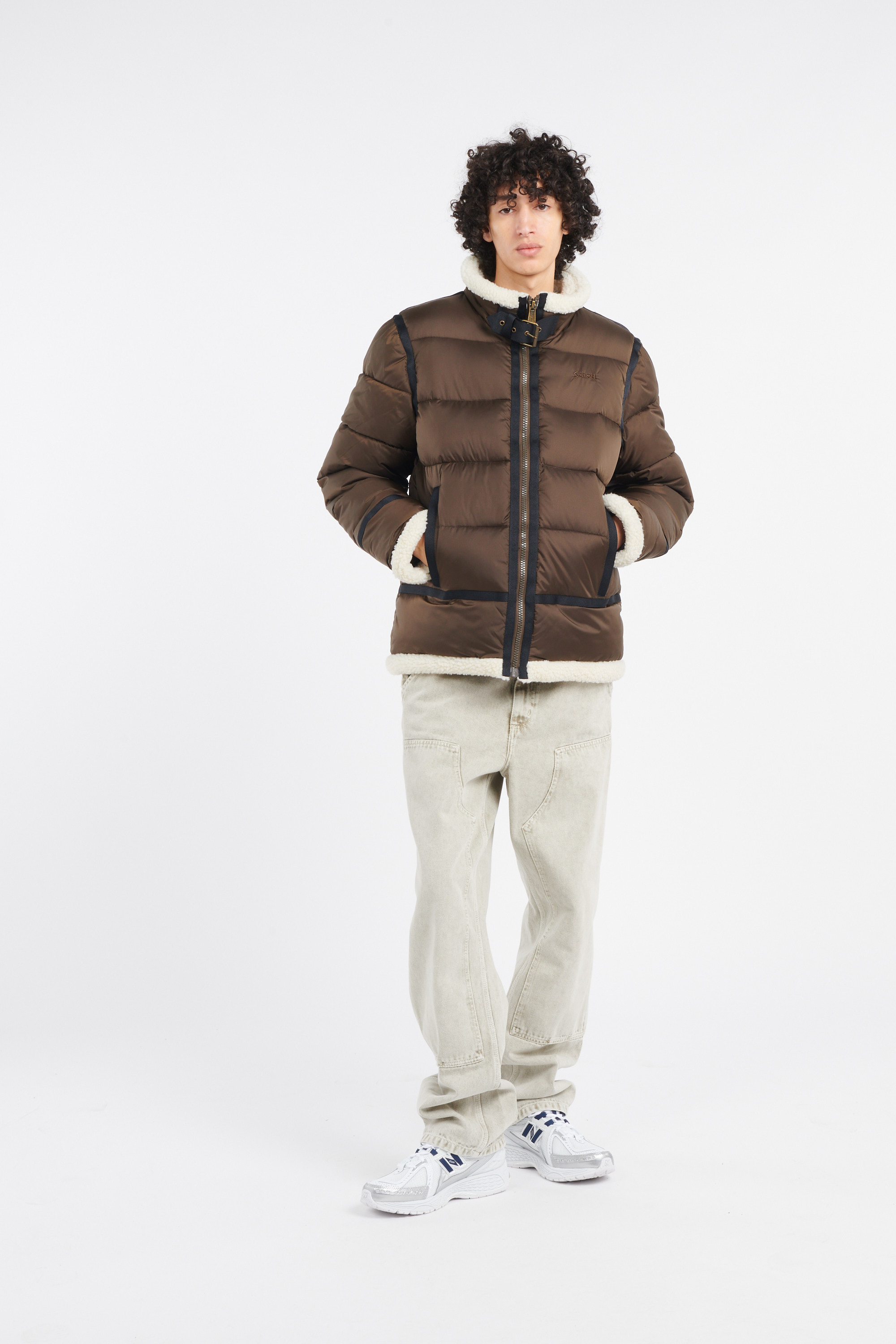 Lightweight quilted padded jacket with high neck Brown