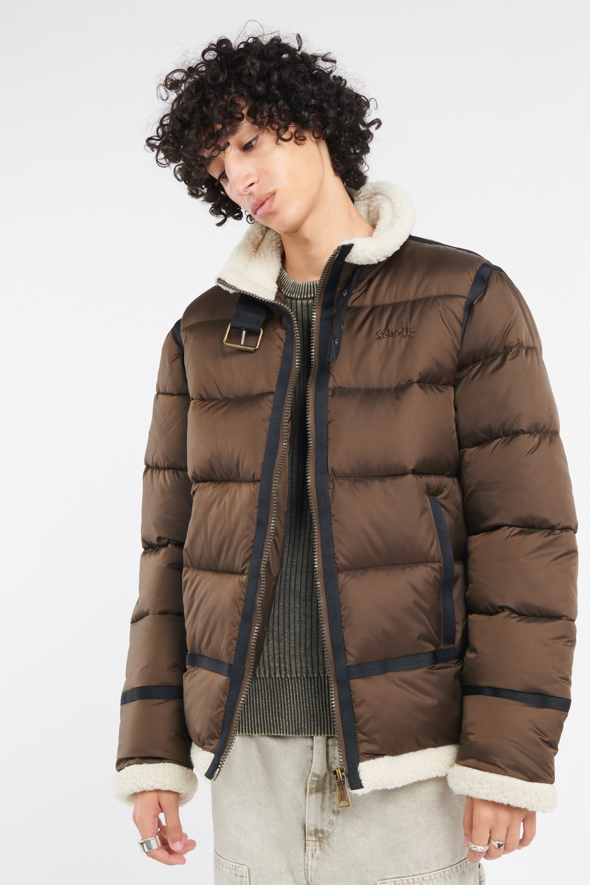 Lightweight quilted padded jacket with high neck | Brown SCHOTT Men