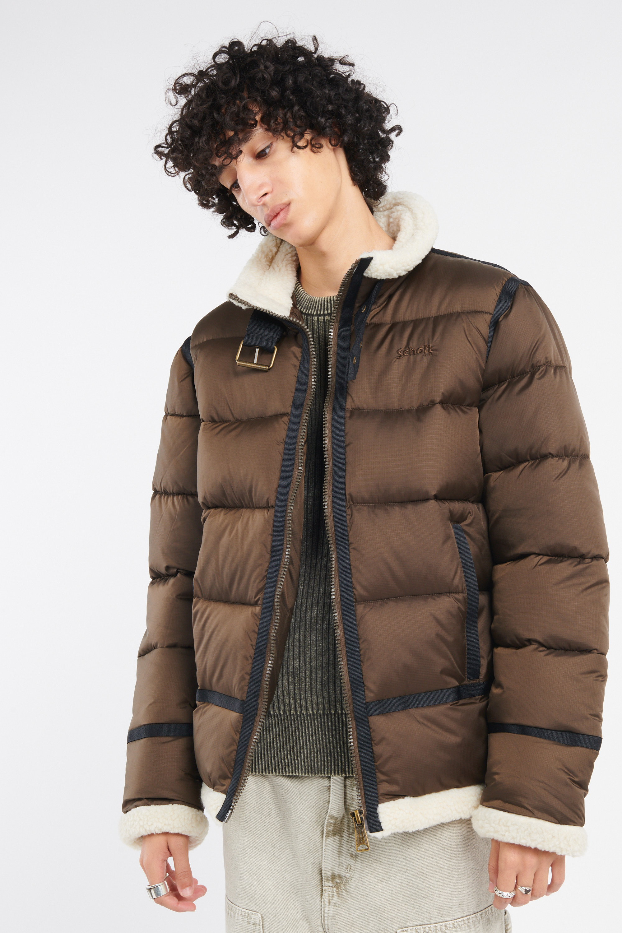 Lightweight quilted padded jacket with high neck Brown