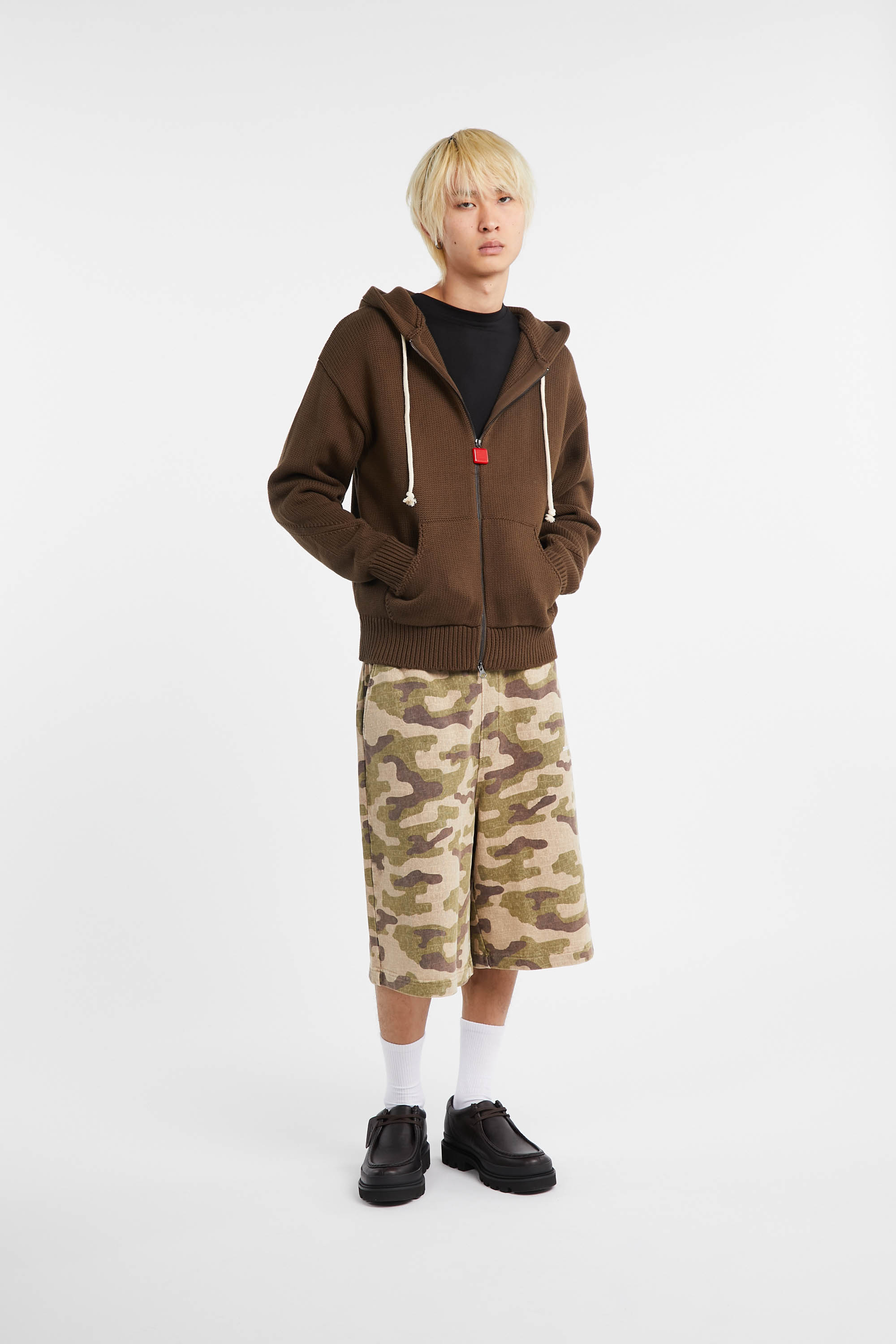 Regular-fit zip-up cotton-blend hoodie with Pony Player Brown