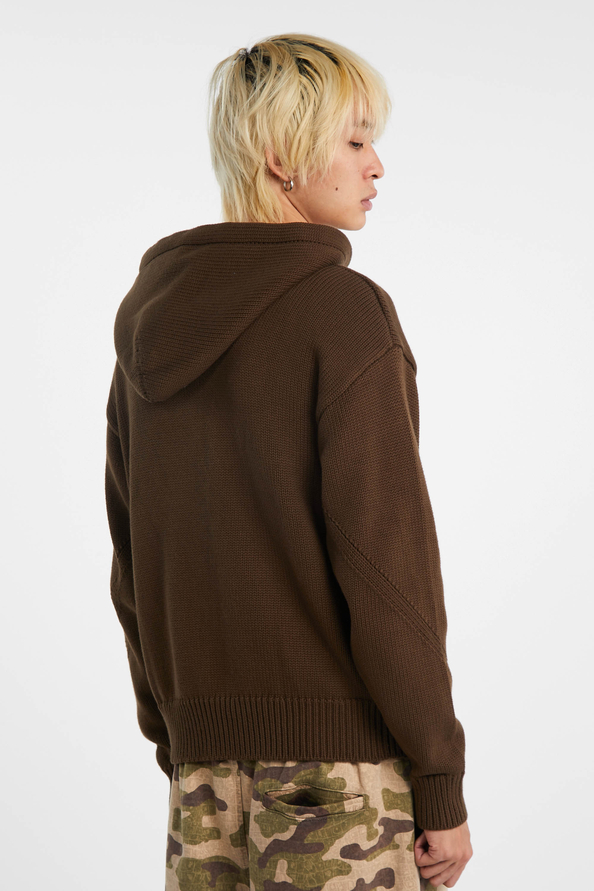 Regular-fit zip-up cotton-blend hoodie with Pony Player Brown