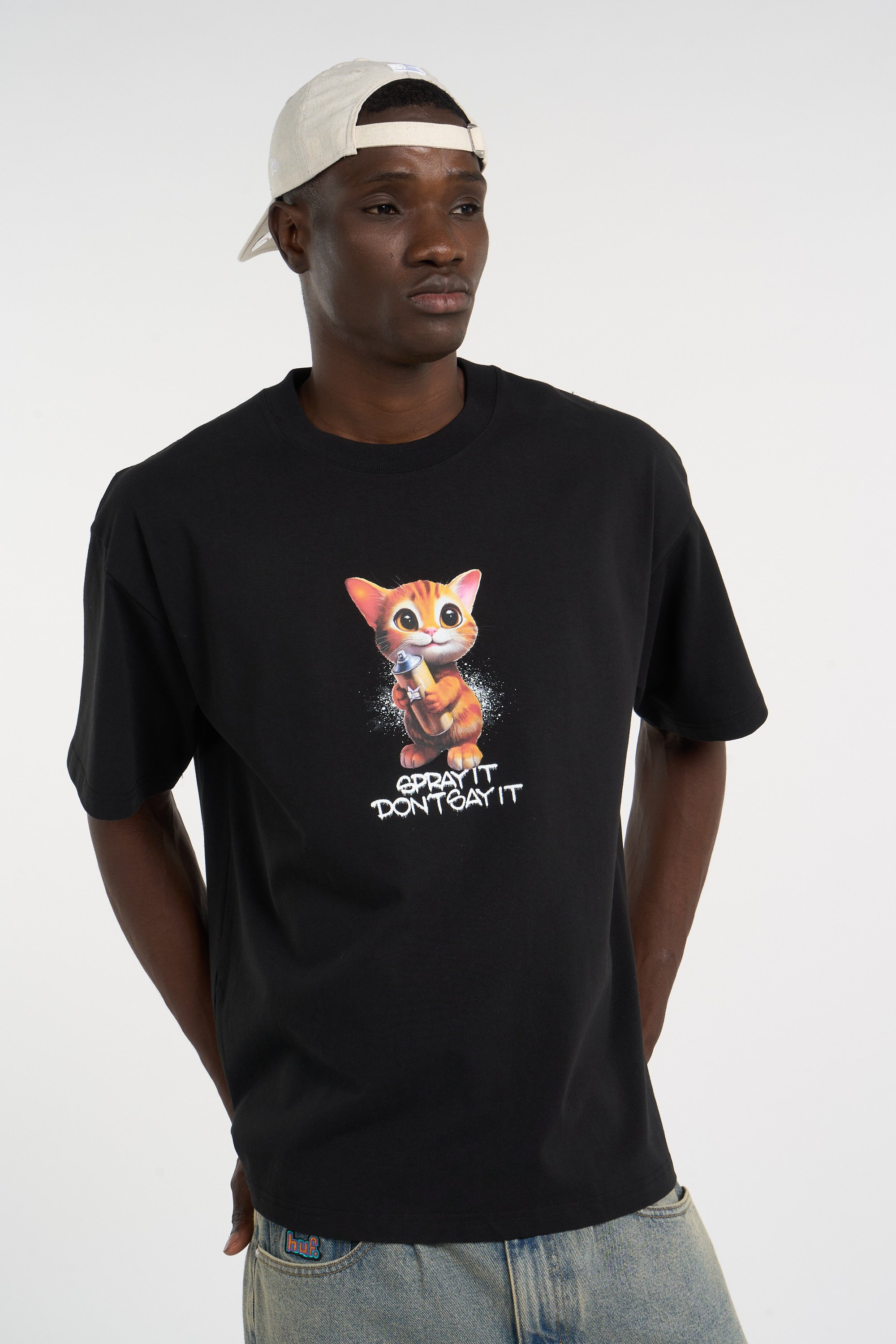 Regular-fit round-neck cotton T-shirt | Black HUF Men
