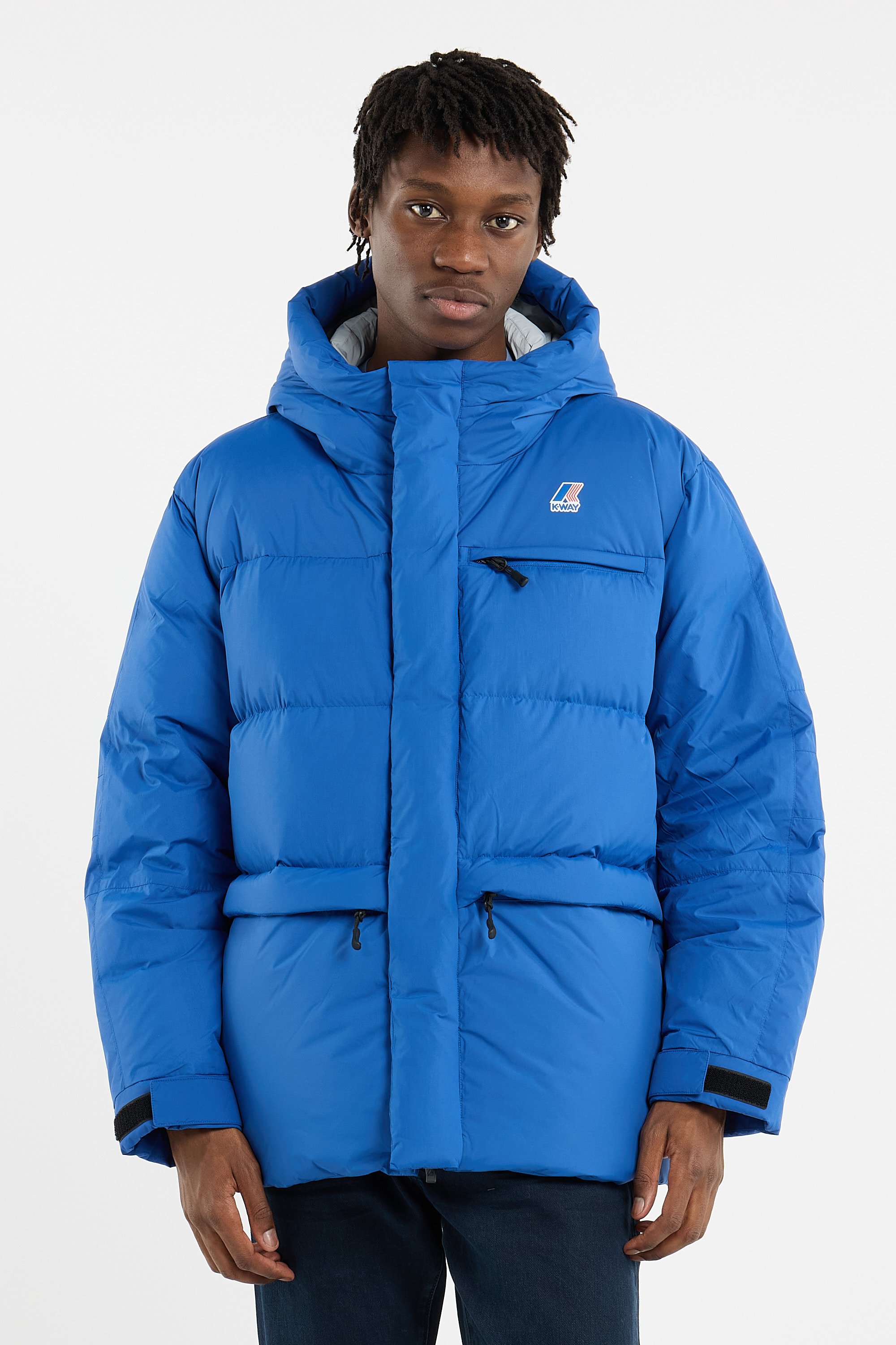 Zipped high-neck colorblock padded jacket with hood | Blue K-WAY Men