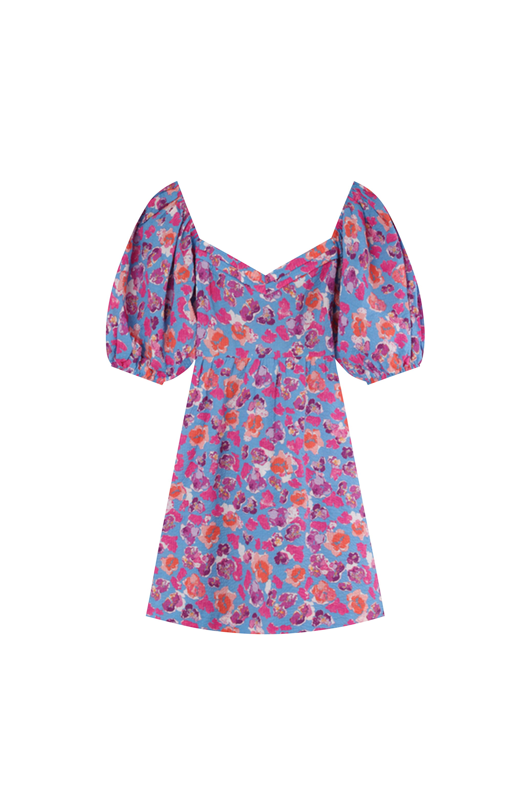 Short printed cotton V-neck dress Blue
