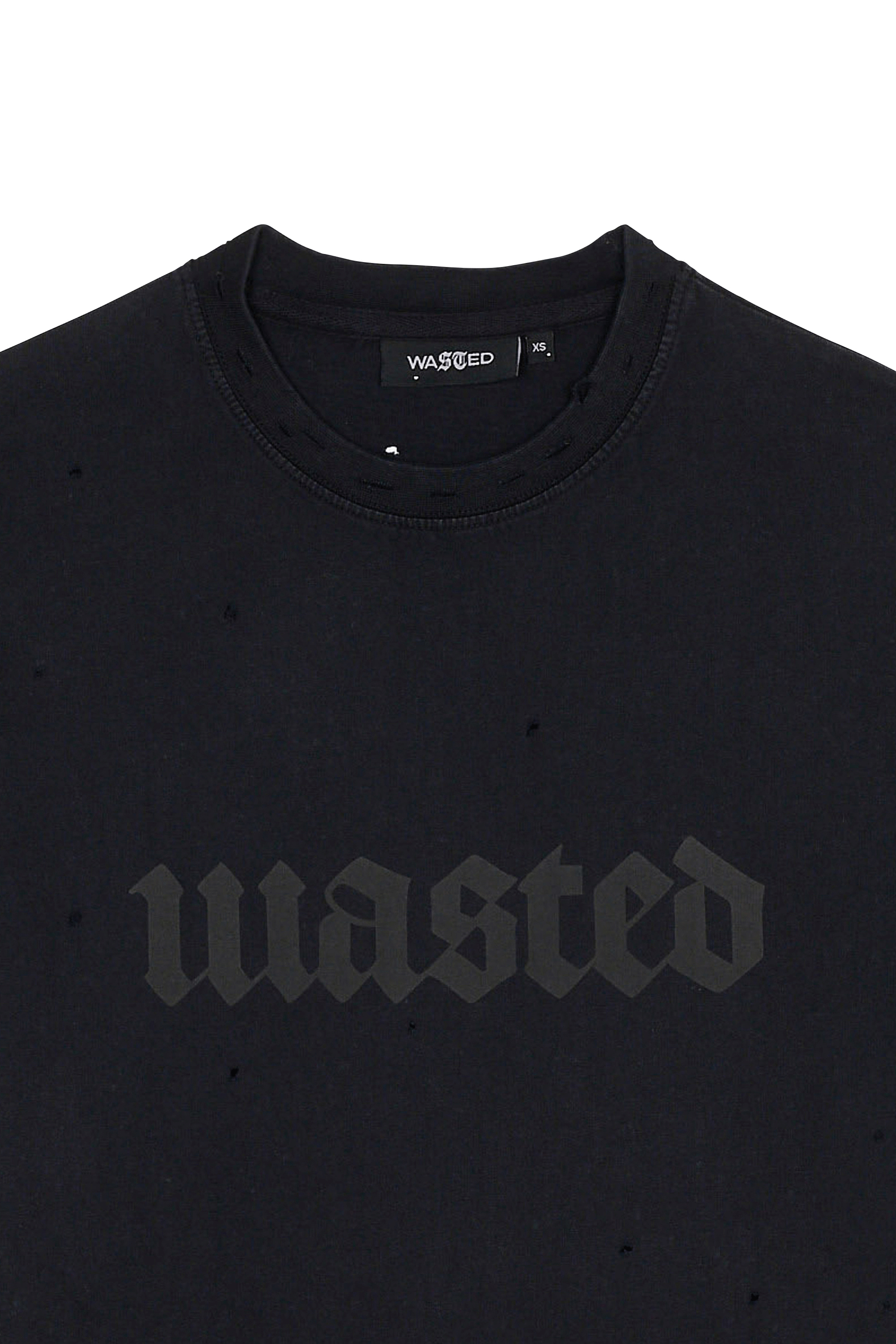 Regular-fit round-neck cotton T-shirt WASTED Black