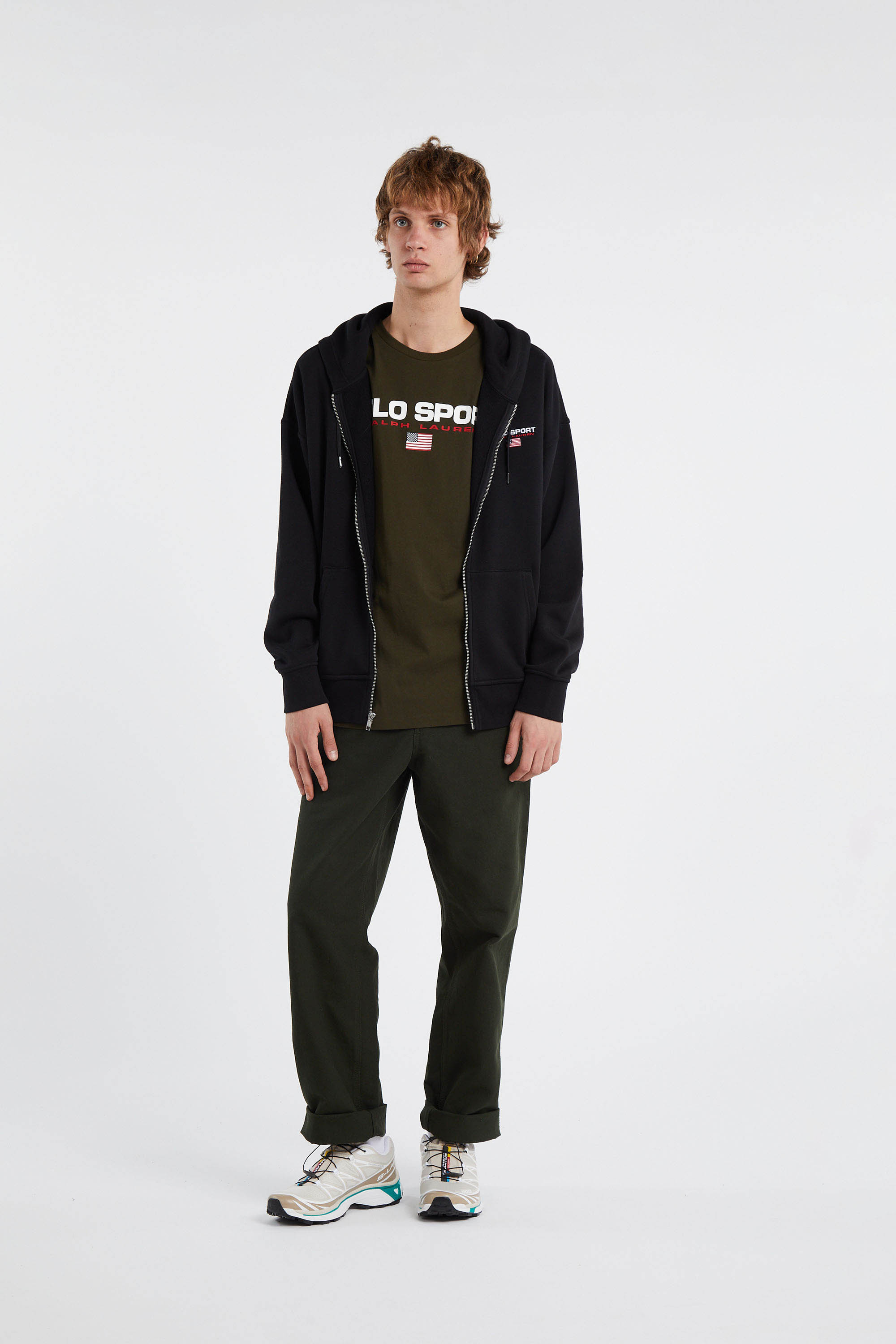 Regular-fit zip-up cotton-blend hoodie with Pony Player Black