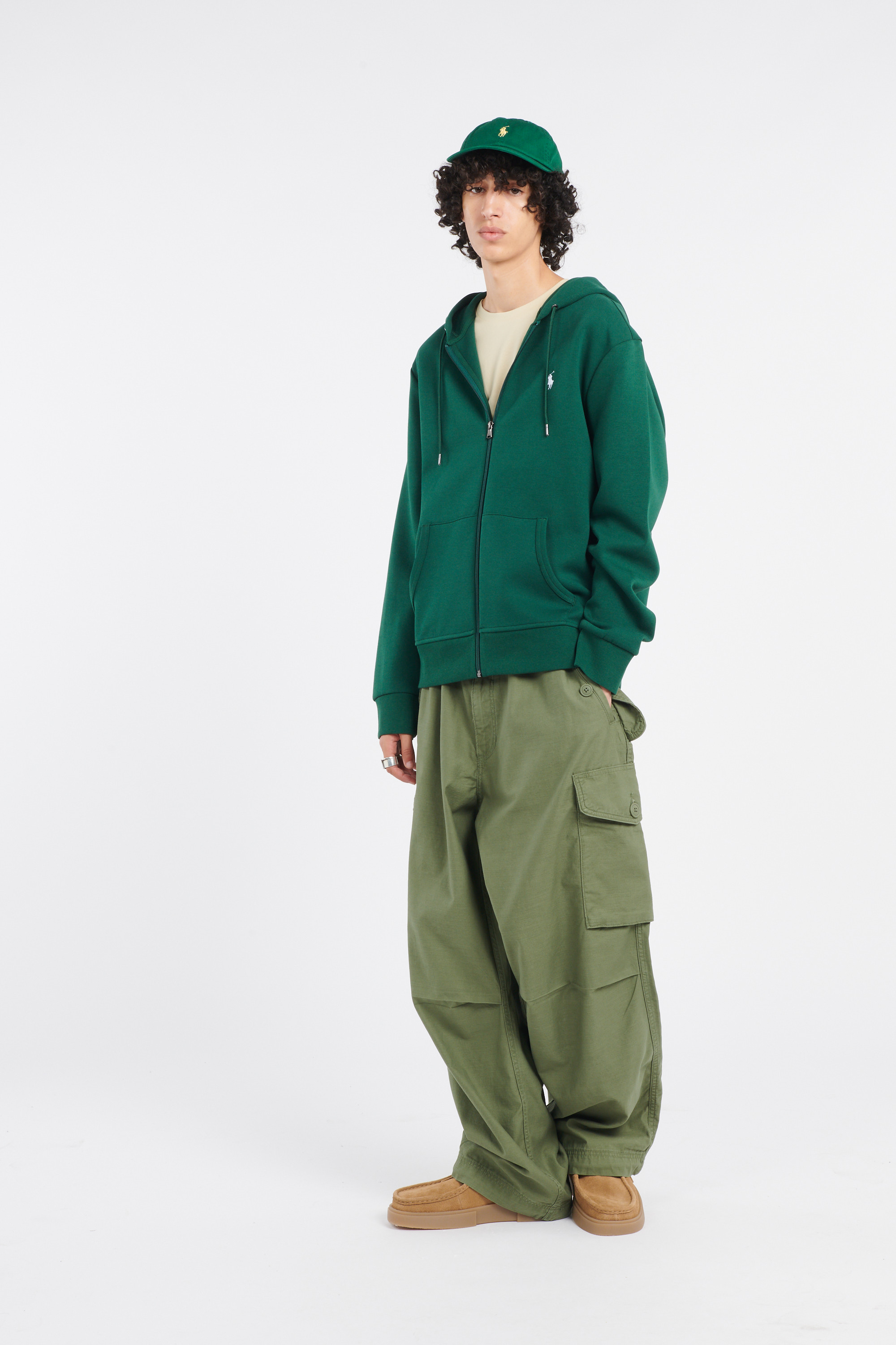 Regular-fit zip-up cotton-blend hoodie with Pony Player Green