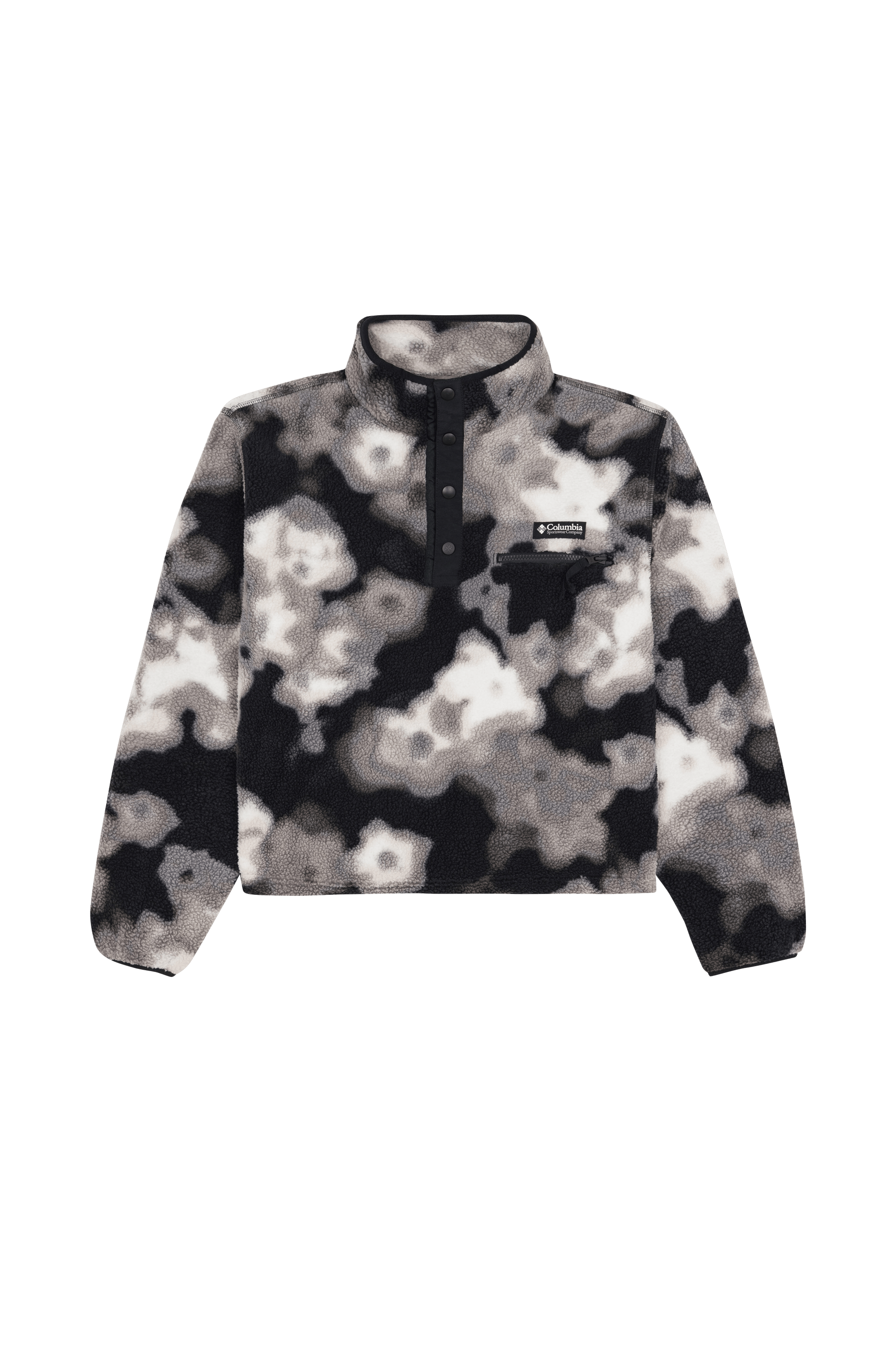 Regular-fit buttoned fleece sweater with high neck Helvetia II Printed Crop Black dyeflower