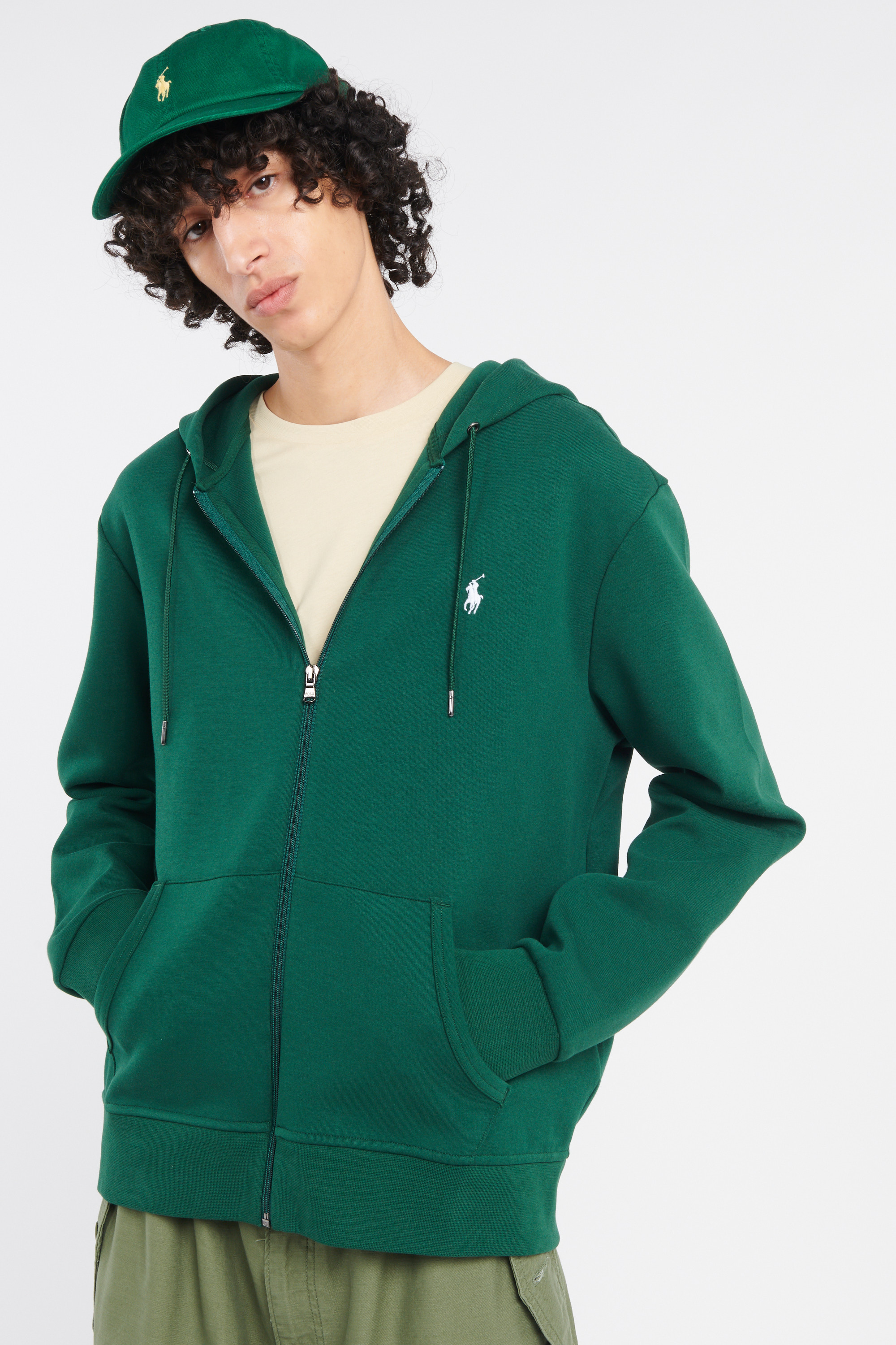 Regular-fit zip-up cotton-blend hoodie with Pony Player Green
