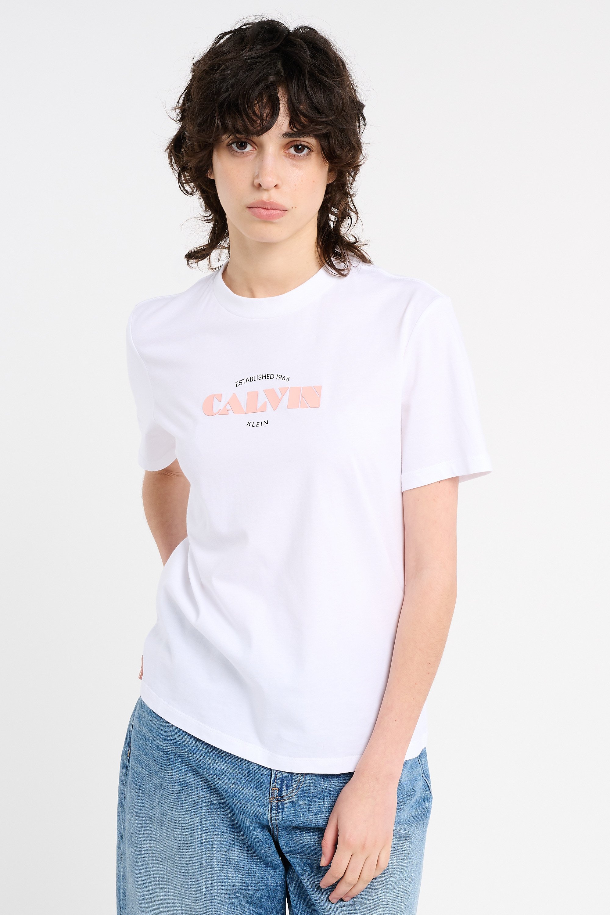 Regular-fit round-neck cotton T-shirt | White CALVIN KLEIN Women