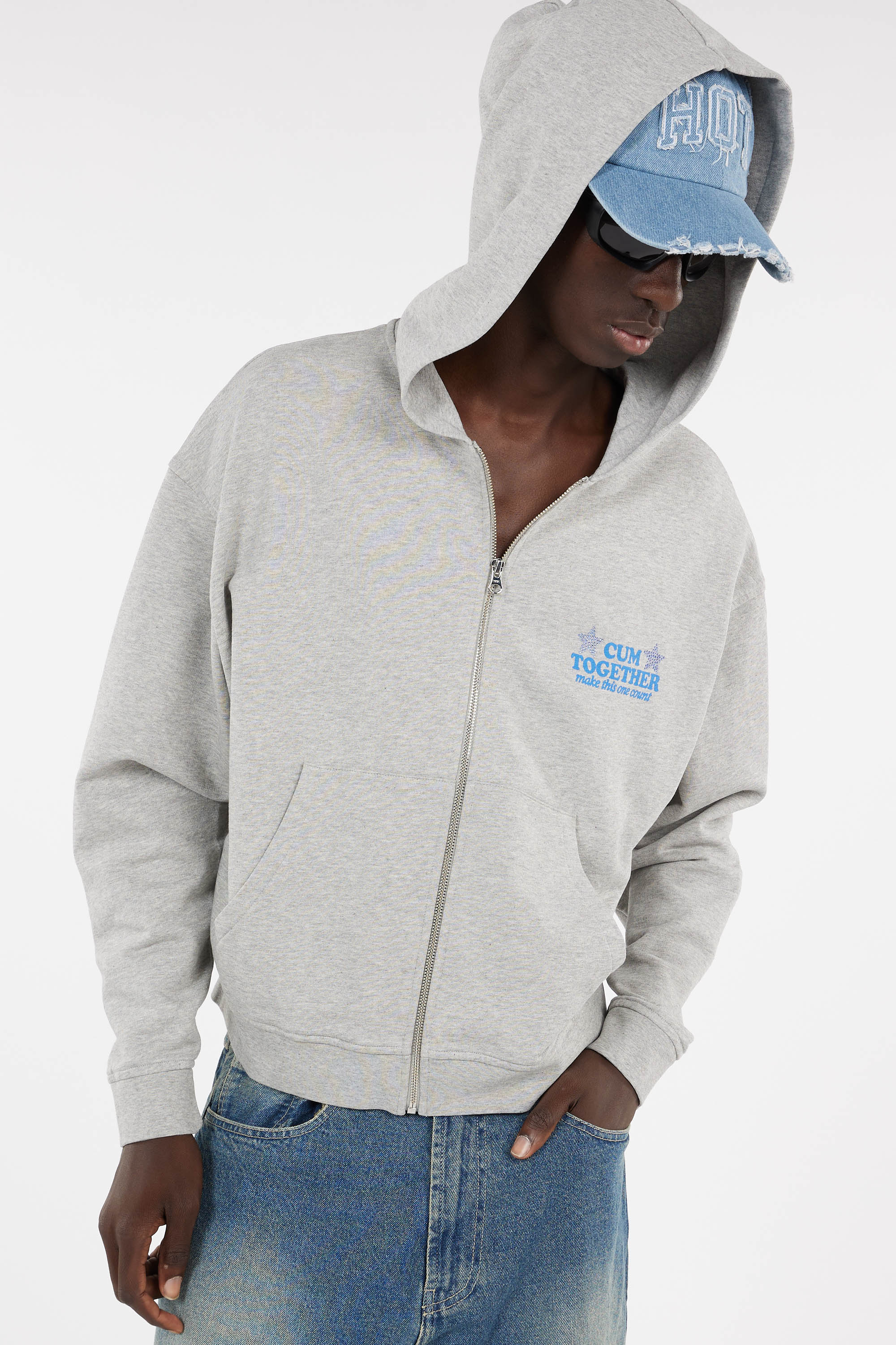 Regular-fit zip-up cotton-blend hoodie with Pony Player Grey
