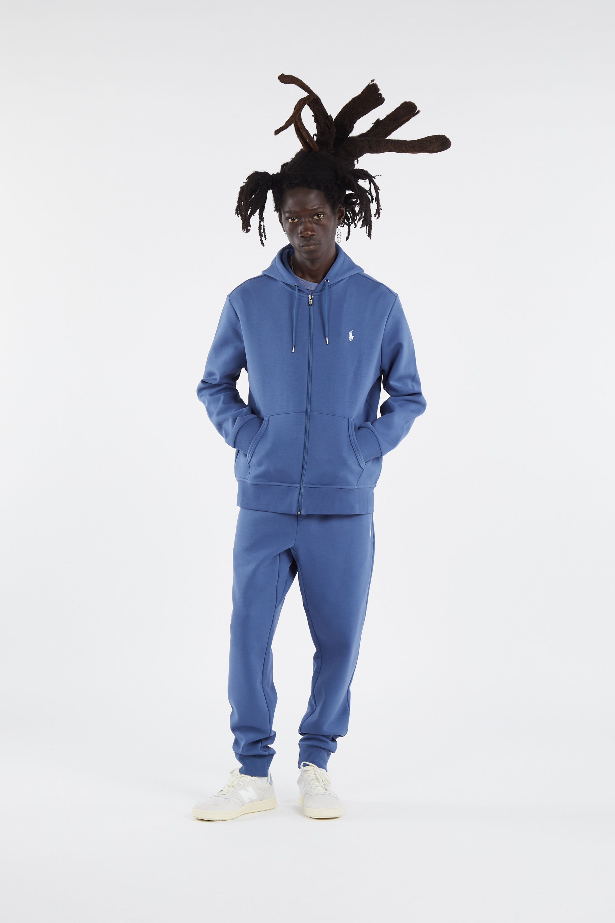 Regular-fit zip-up cotton-blend hoodie with Pony Player Blue