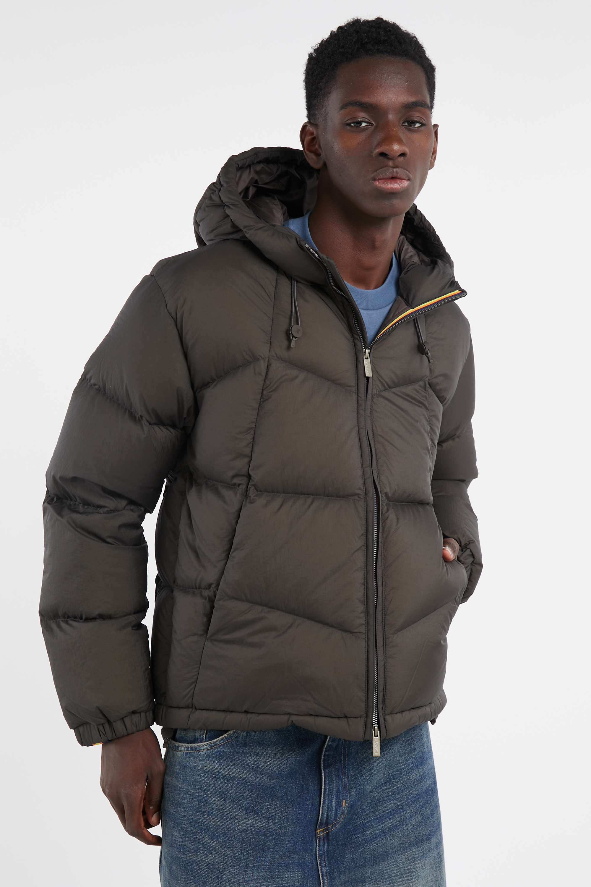 Lightweight quilted padded jacket with high neck Brown