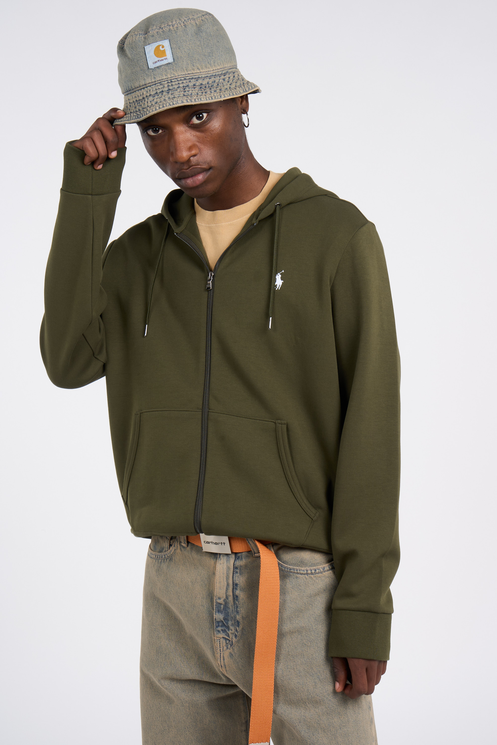 Regular-fit zip-up cotton-blend hoodie with Pony Player Khaki
