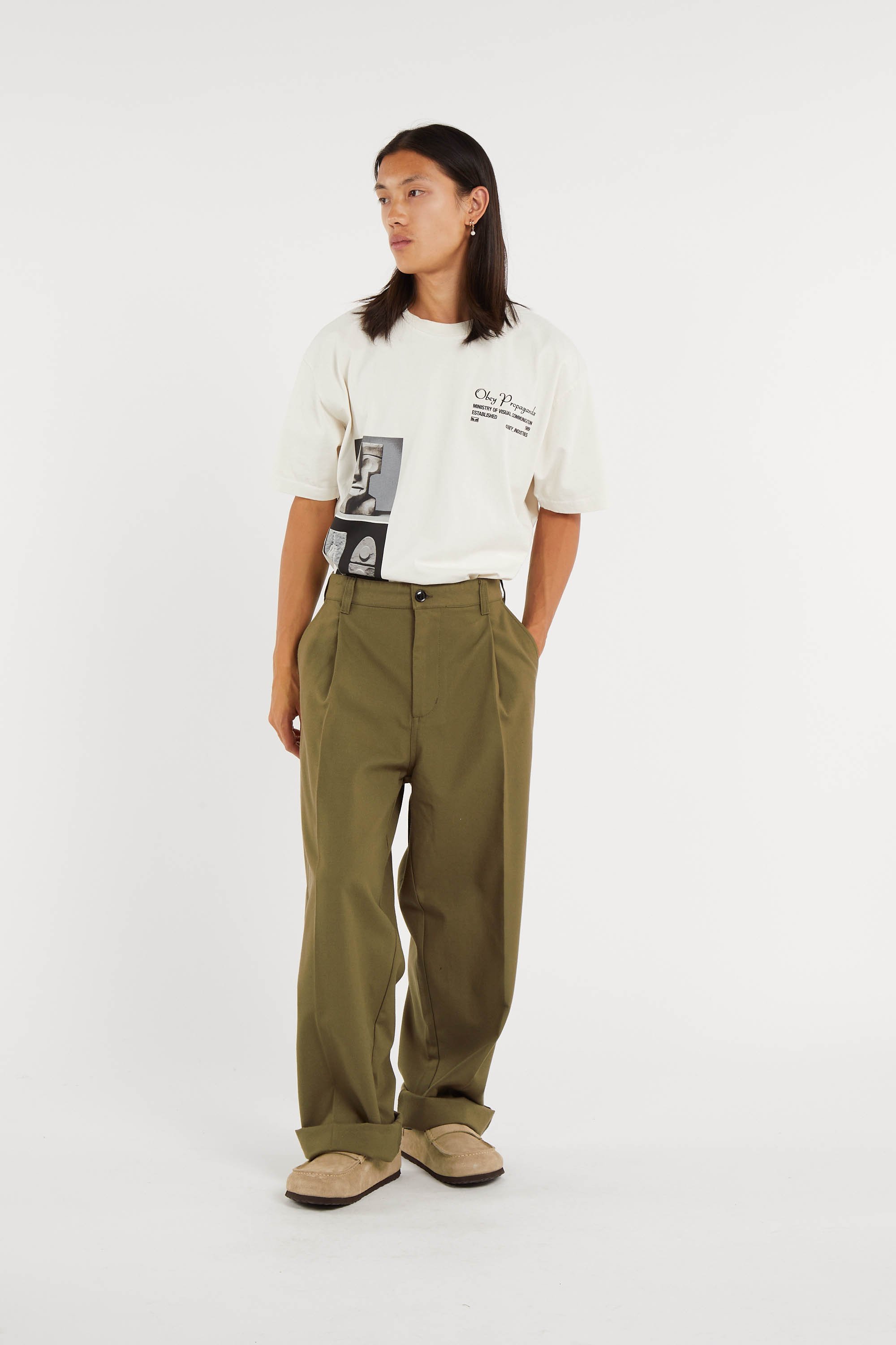 Round neck oversized printed t-shirt | Beige OBEY Men