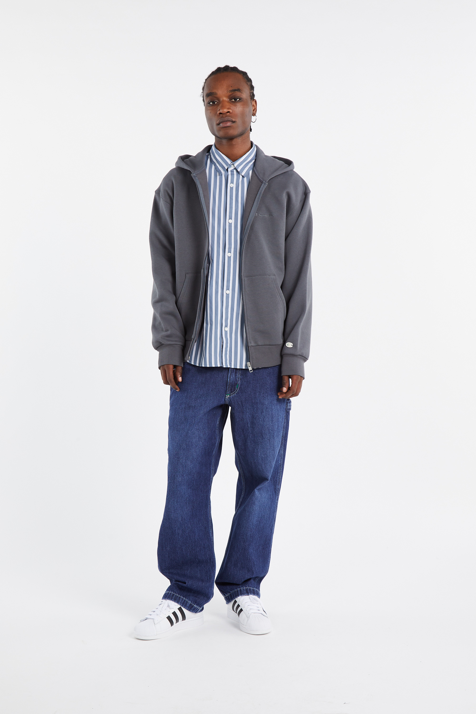 Regular-fit zip-up cotton-blend hoodie with Pony Player Grey