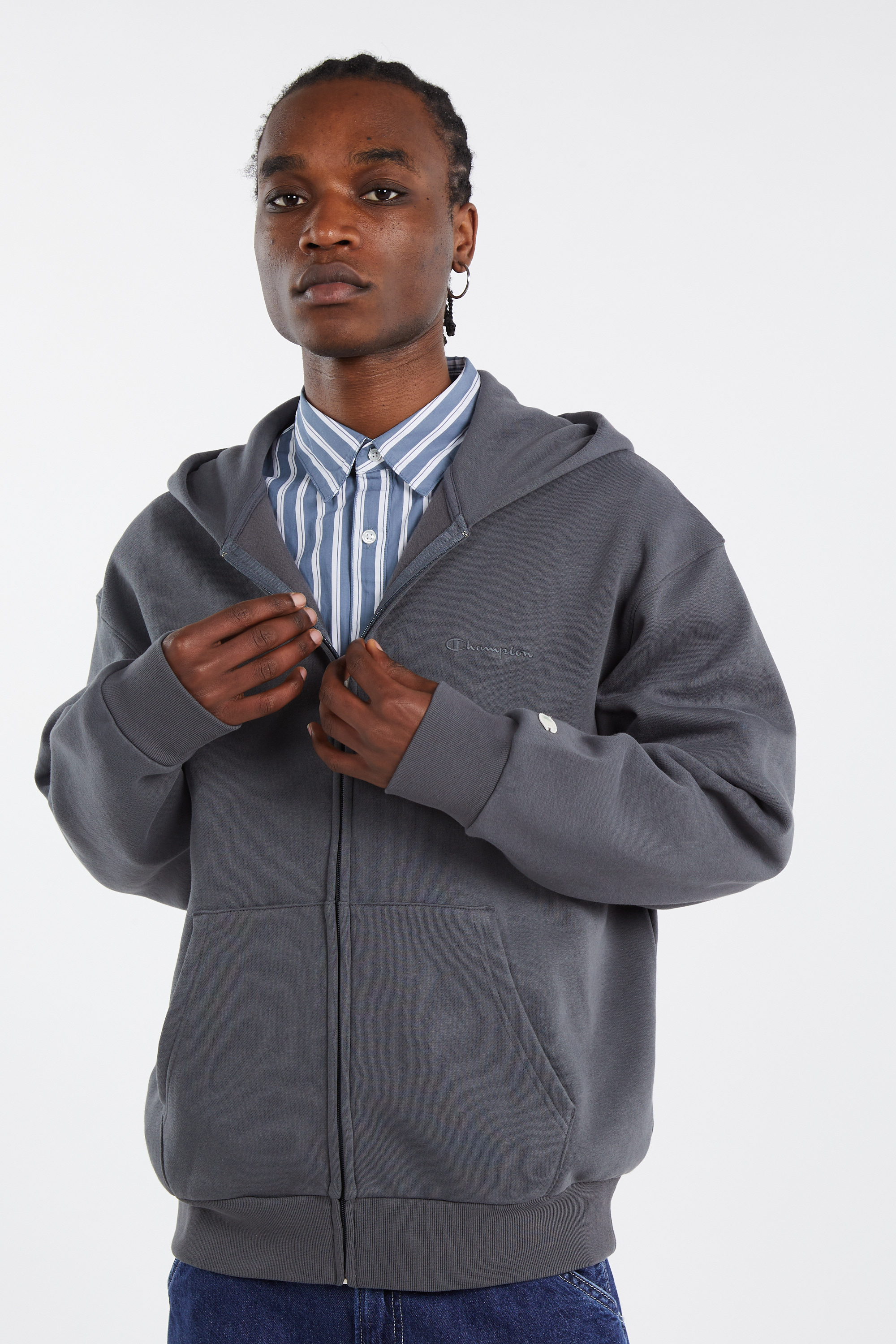 Regular-fit zip-up cotton-blend hoodie with Pony Player Grey