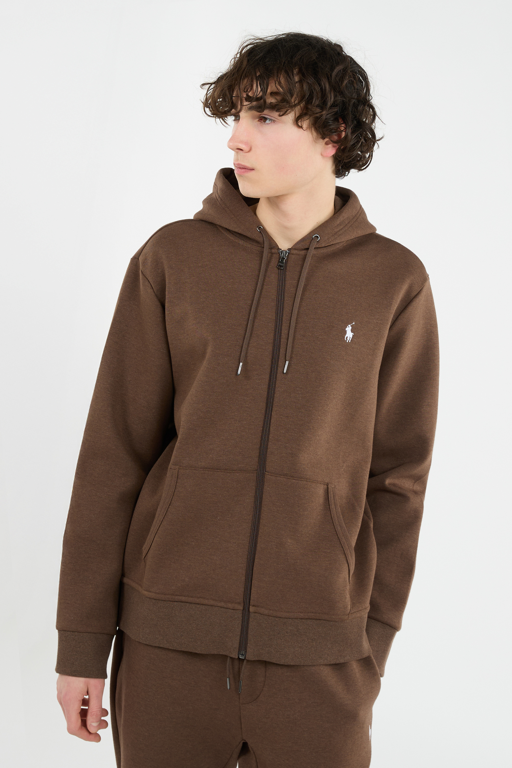 Regular-fit zip-up cotton-blend hoodie with Pony Player Brown