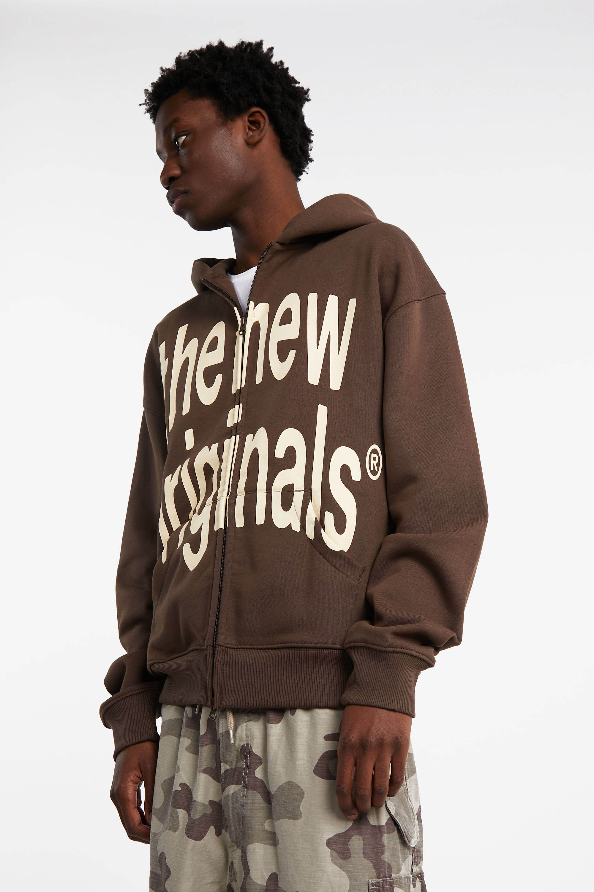 Regular-fit zip-up cotton-blend hoodie with Pony Player Brown