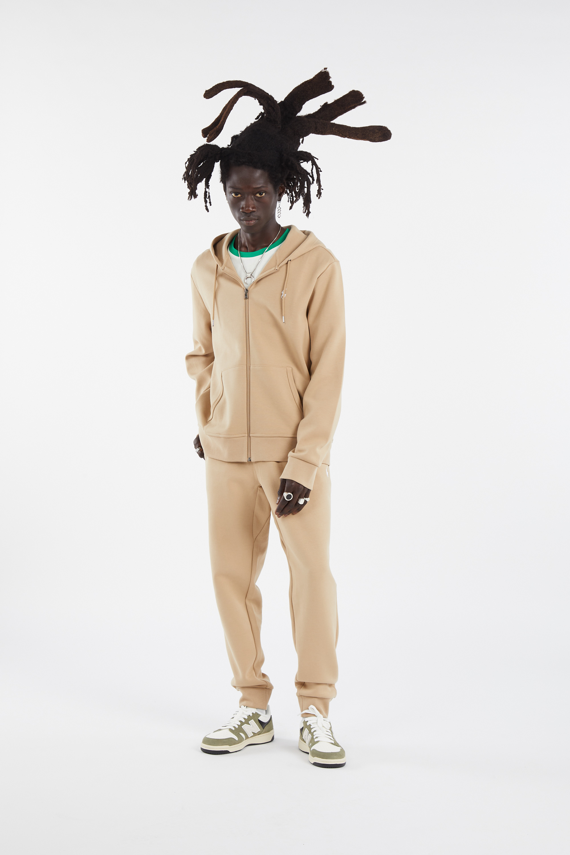 Regular-fit zip-up cotton-blend hoodie with Pony Player Beige