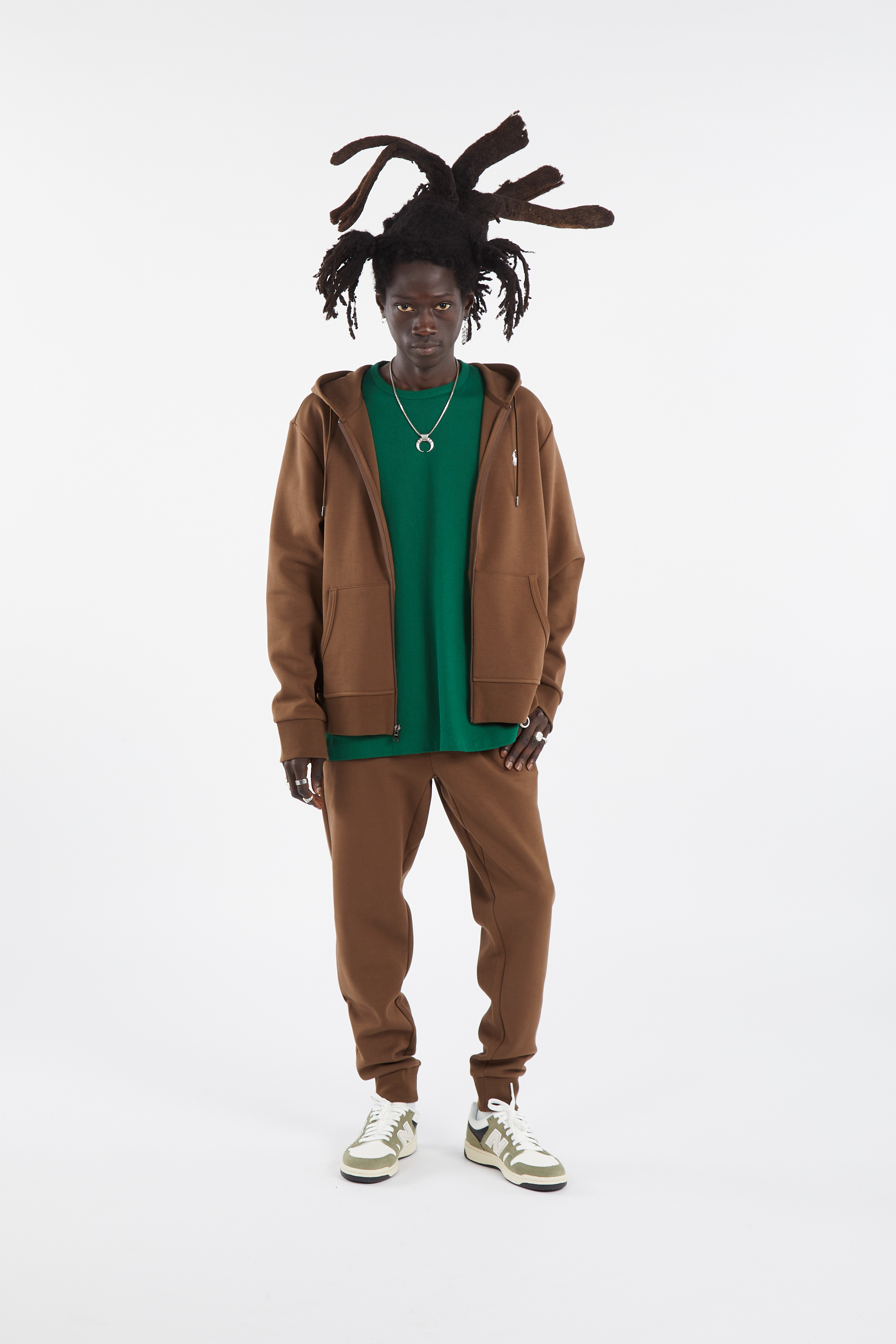 Regular-fit zip-up cotton-blend hoodie with Pony Player Brown