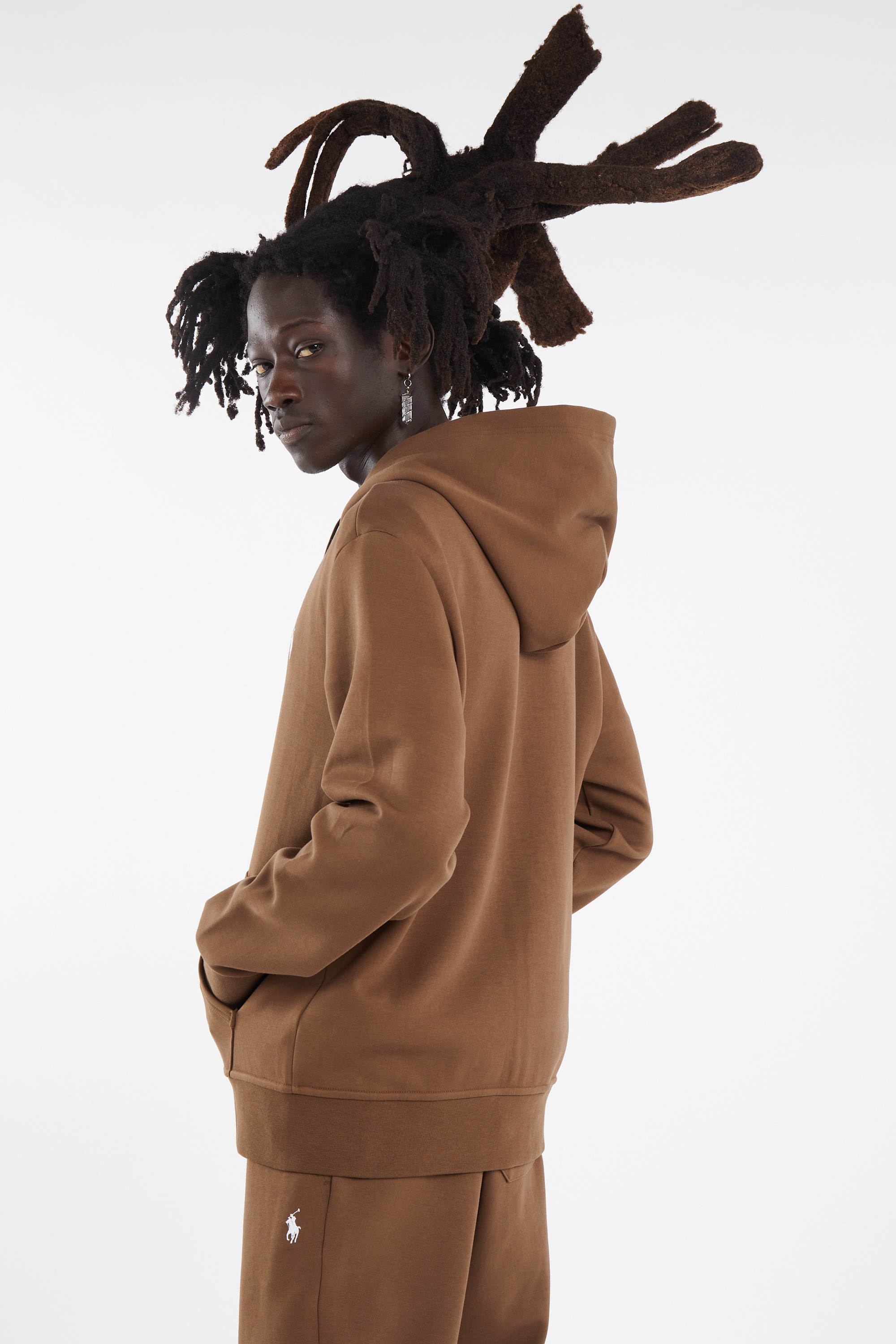 Regular-fit zip-up cotton-blend hoodie with Pony Player Brown