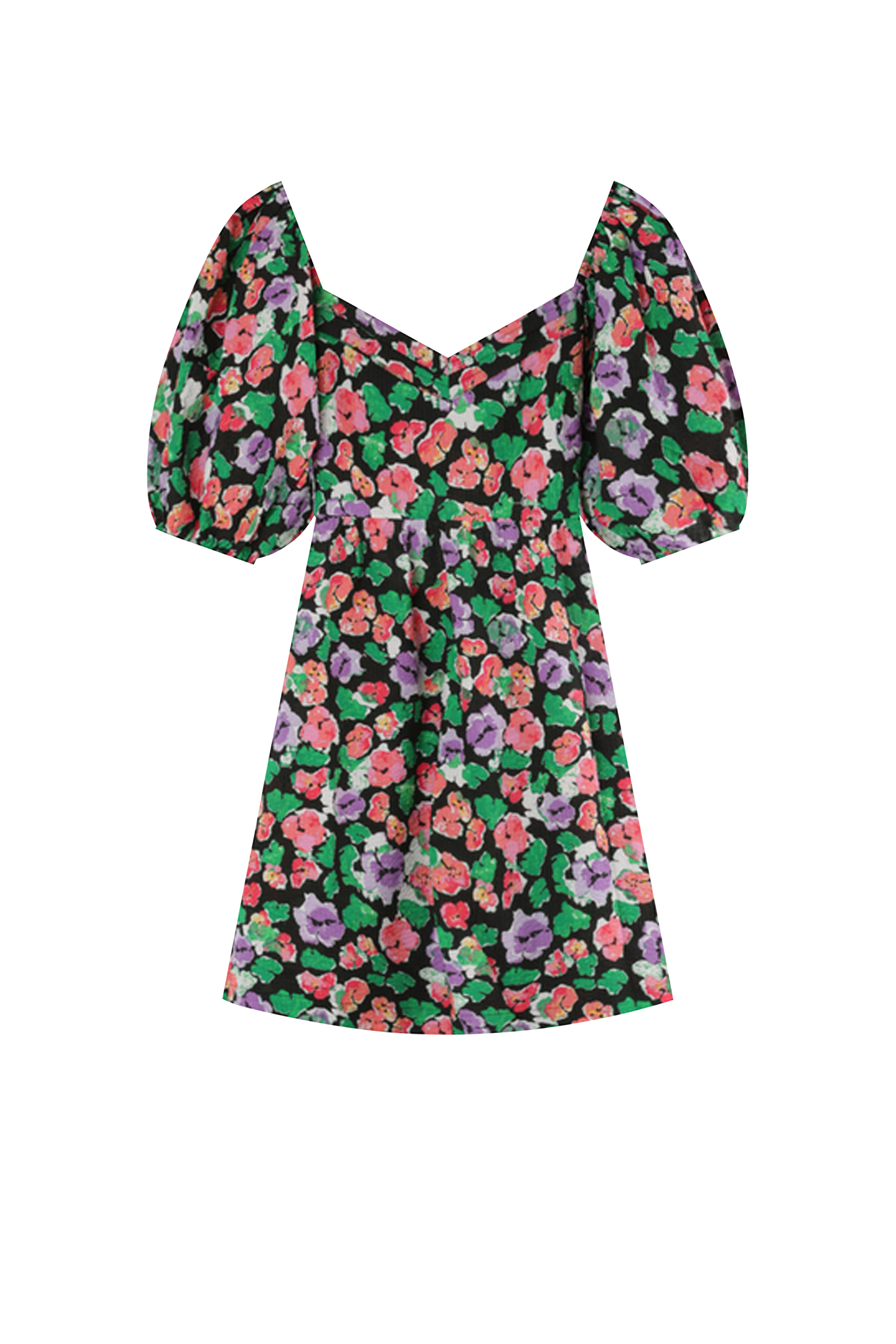 Short printed cotton V-neck dress Black