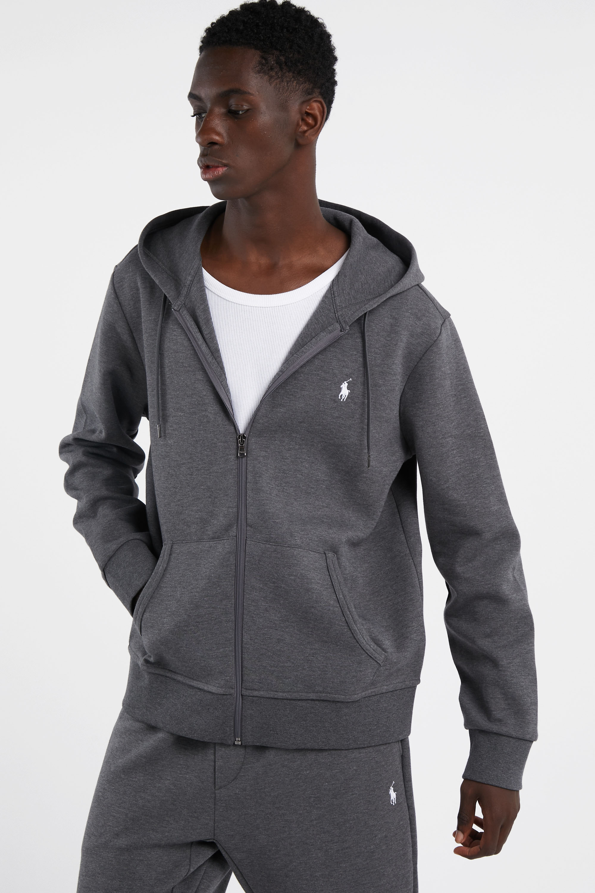 Regular-fit zip-up cotton-blend hoodie with Pony Player Grey
