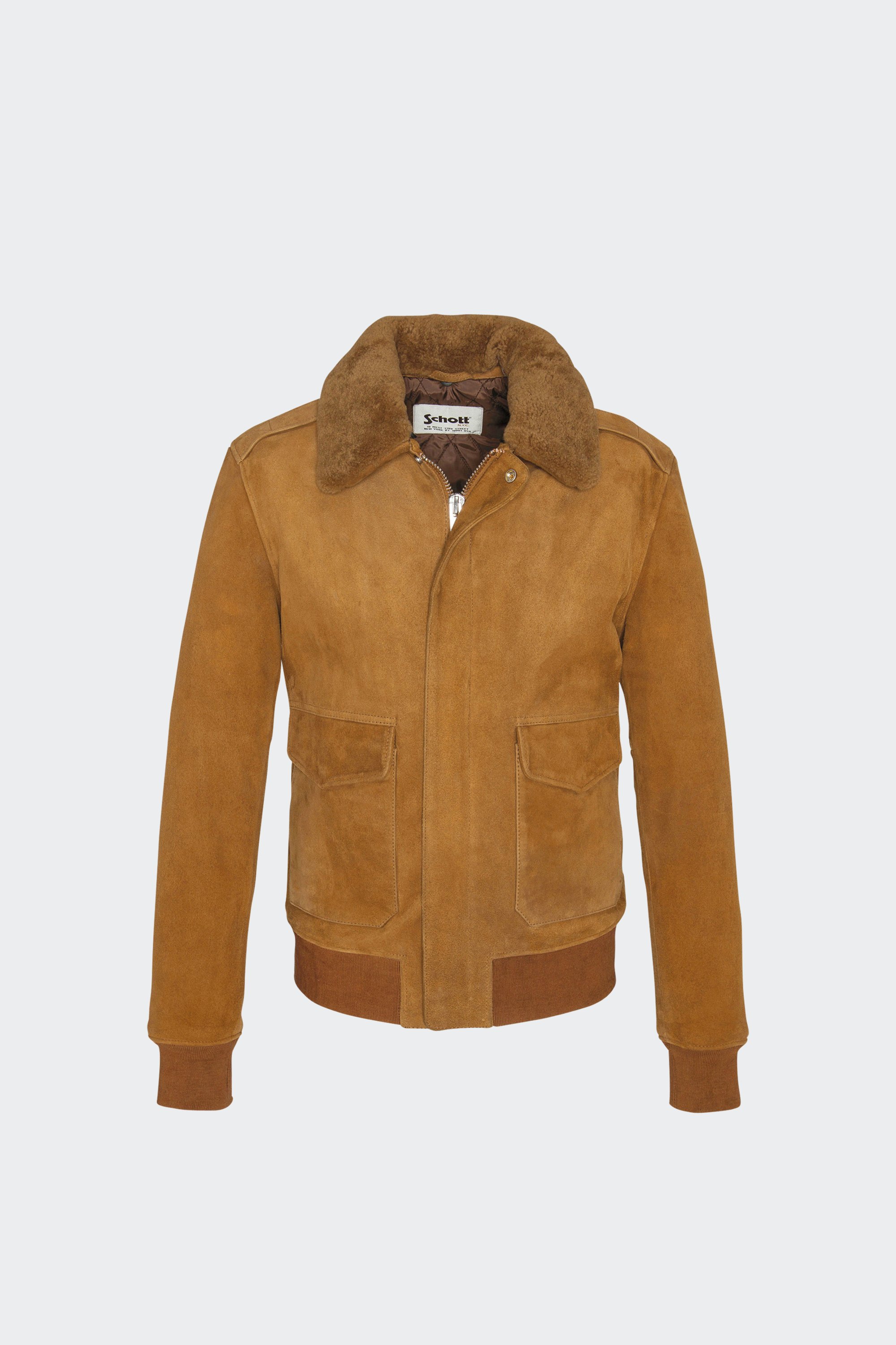 Fitted aviator jacket with removable shearling collar in suede | Red by SCHOTT Fitted aviator jacket with removable shearling collar in suede Red