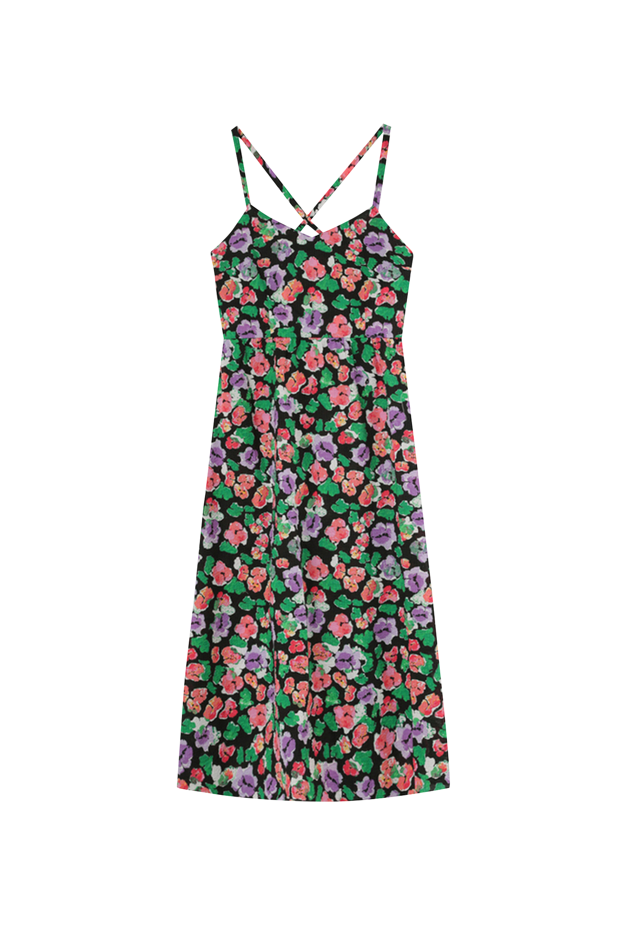 Floral print cotton V-neck midi dress Black
