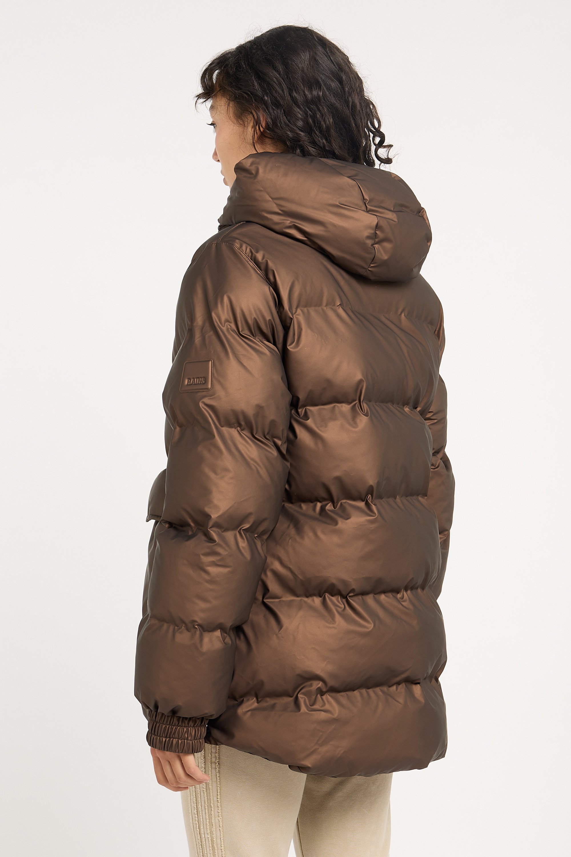 Zipped high-neck colorblock padded jacket with hood | Brown RAINS Women