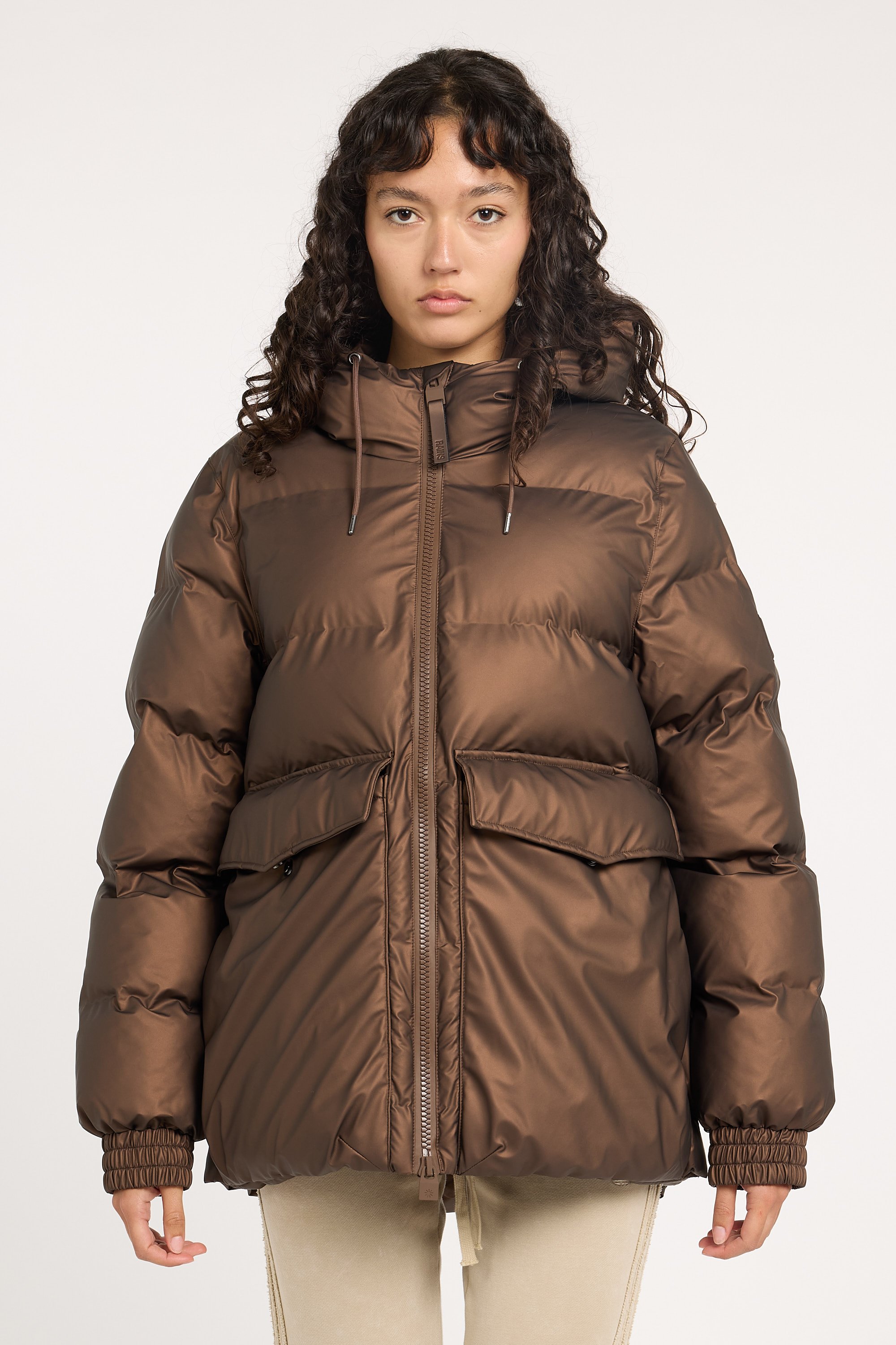 Zipped high-neck colorblock padded jacket with hood | Brown RAINS Women