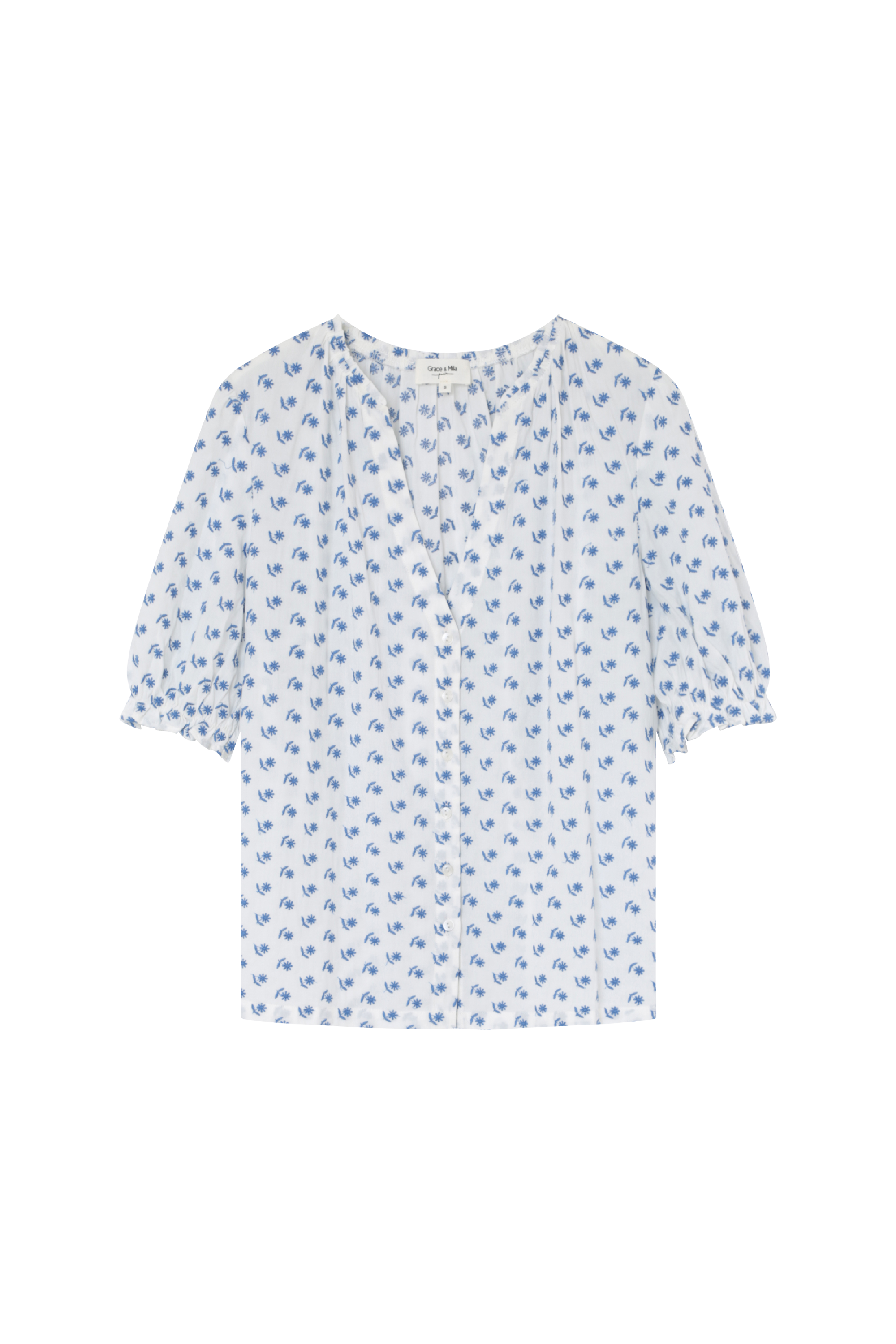 Embroidered cotton blend Tunisian collar shirt Blue